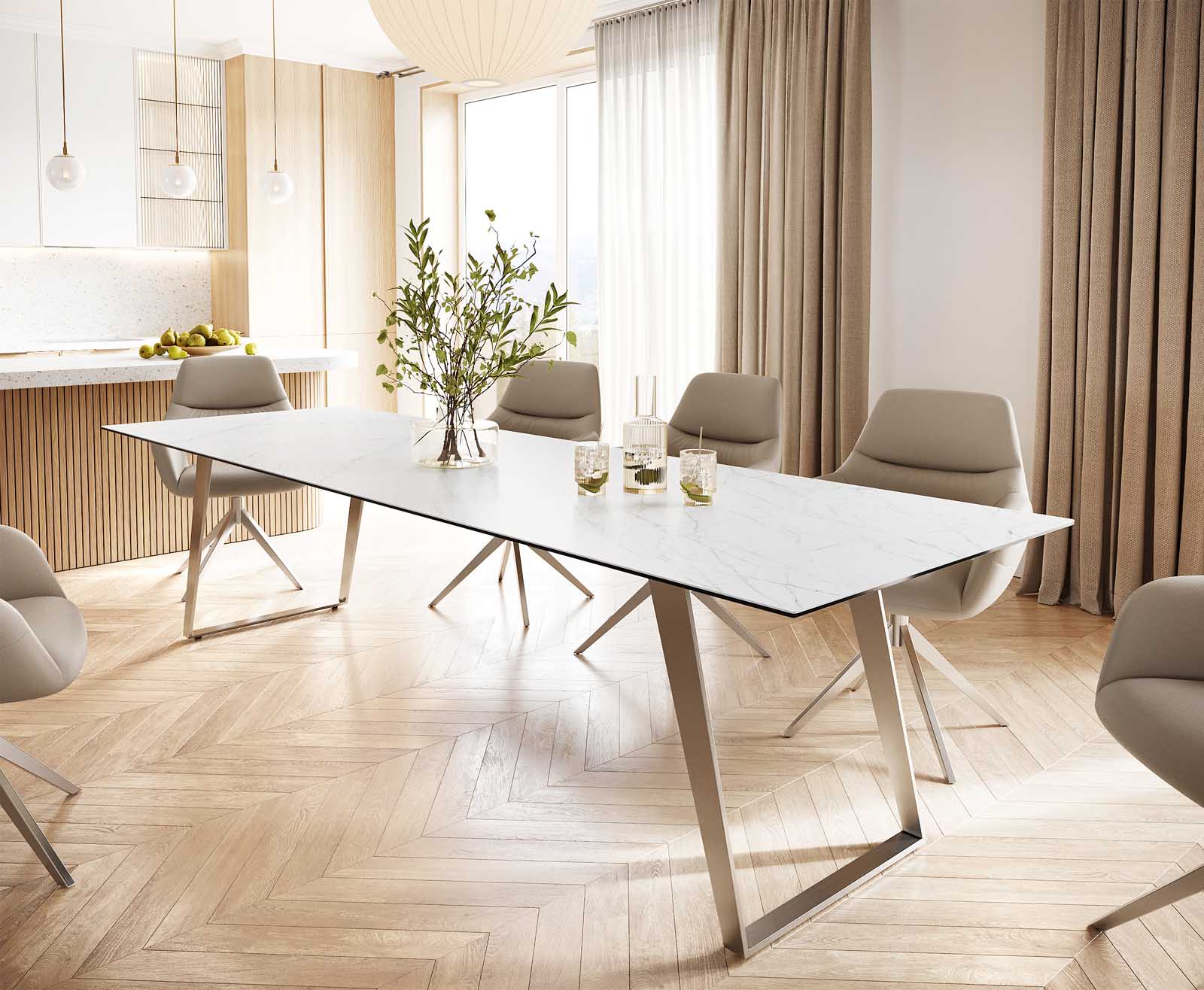 Esstisch Edge 300x100 Keramik Laminam® Statuarietto Weiß Edelstahl Schräg Esstisch Edge 300x100 Keramik Laminam® Statuarietto Weiß Edelstahl Schräg