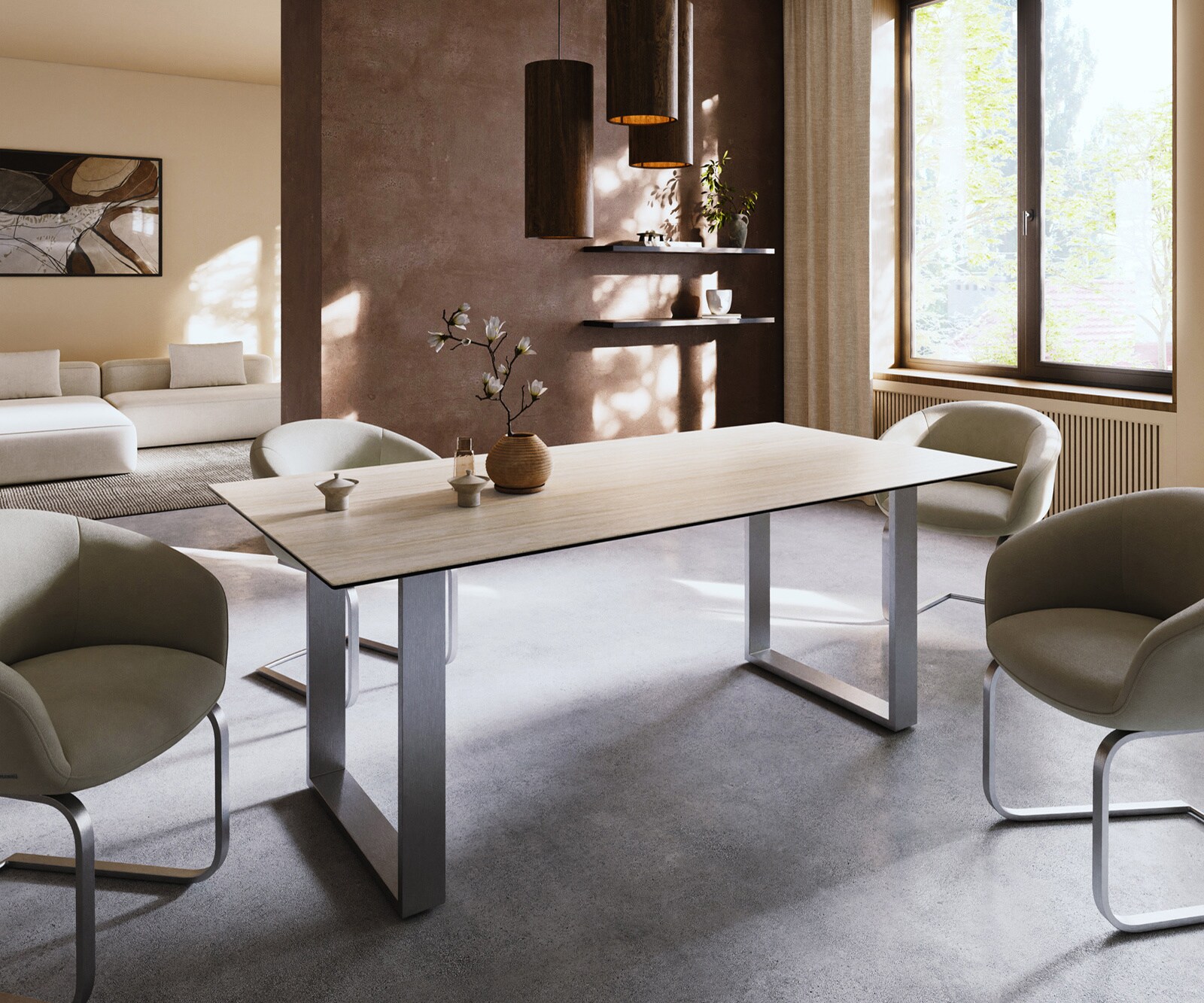 Esstisch Edge 200x100 Keramik Laminam® Travertino Bianco Creme-Weiß Edelstahl Schmal 1