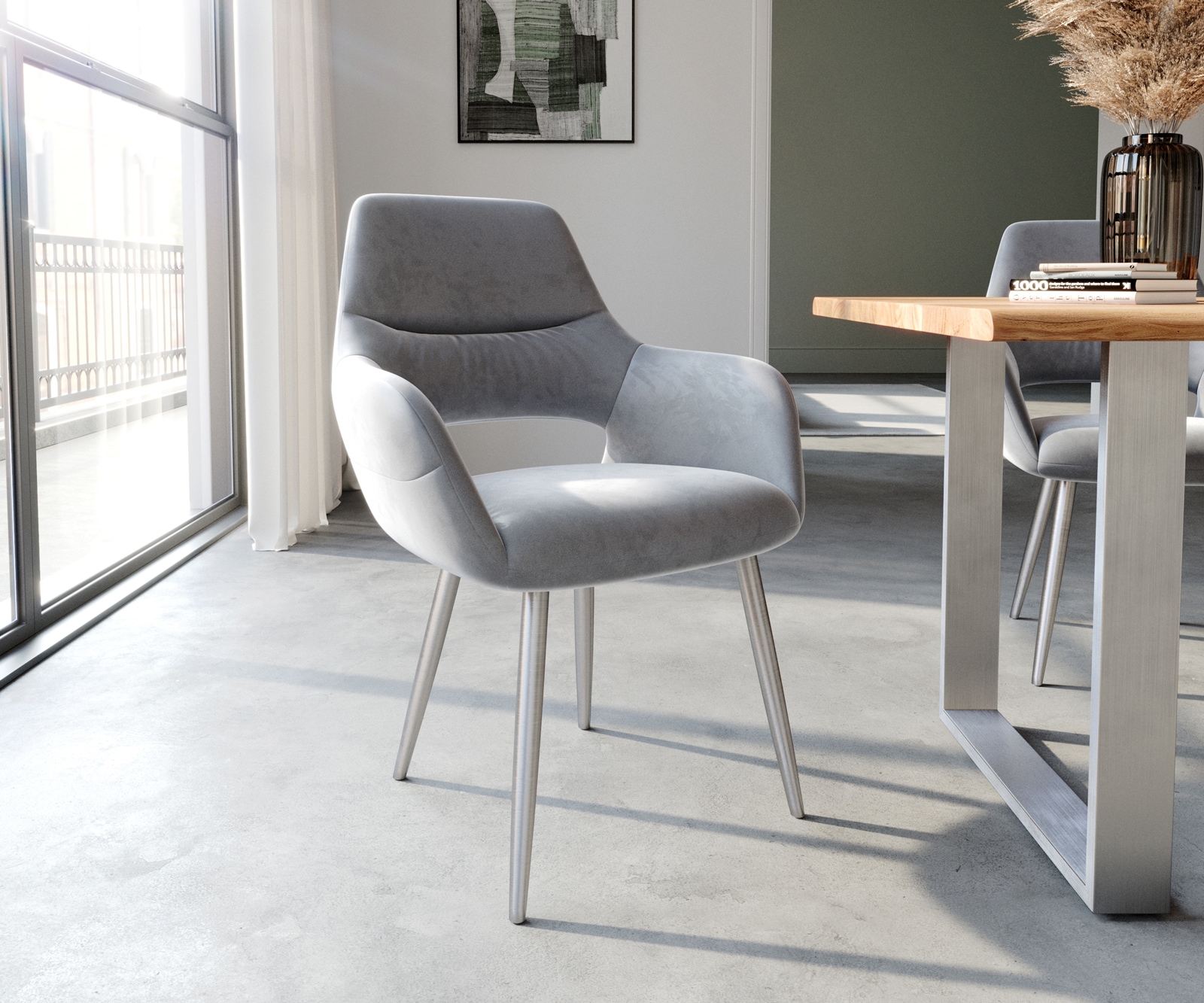 Esszimmerstuhl Yago-Flex mit Armlehnen Samt Grau 4-Fuß konisch Edelstahl Taschenfederkern Esszimmerstuhl Yago-Flex mit Armlehnen Samt Grau 4-Fuß konisch Edelstahl Taschenfederkern