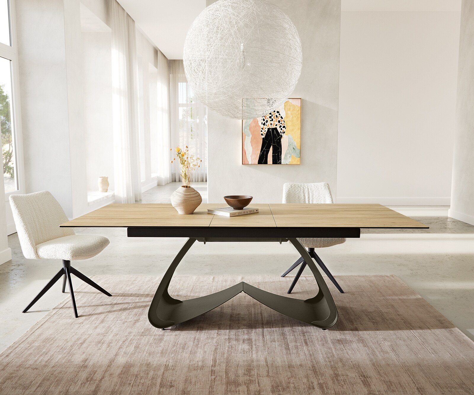 Table à manger Edge 180-220x100 Céramique Laminam® Sabbia Couleur chêne cadre en W Effet Titane Extensible 1