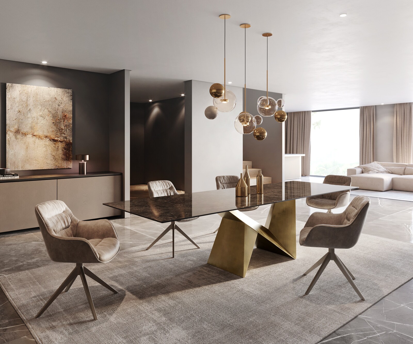 Table à manger Edge 300x100 céramique Laminam® Emperador Extra Lucidato marron foncé Origami métallique doré 7