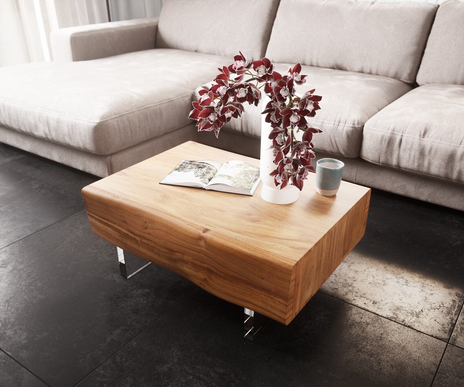 Table basse New Live-Edge Acacia Naturel 80x60 cm 2 tiroirs