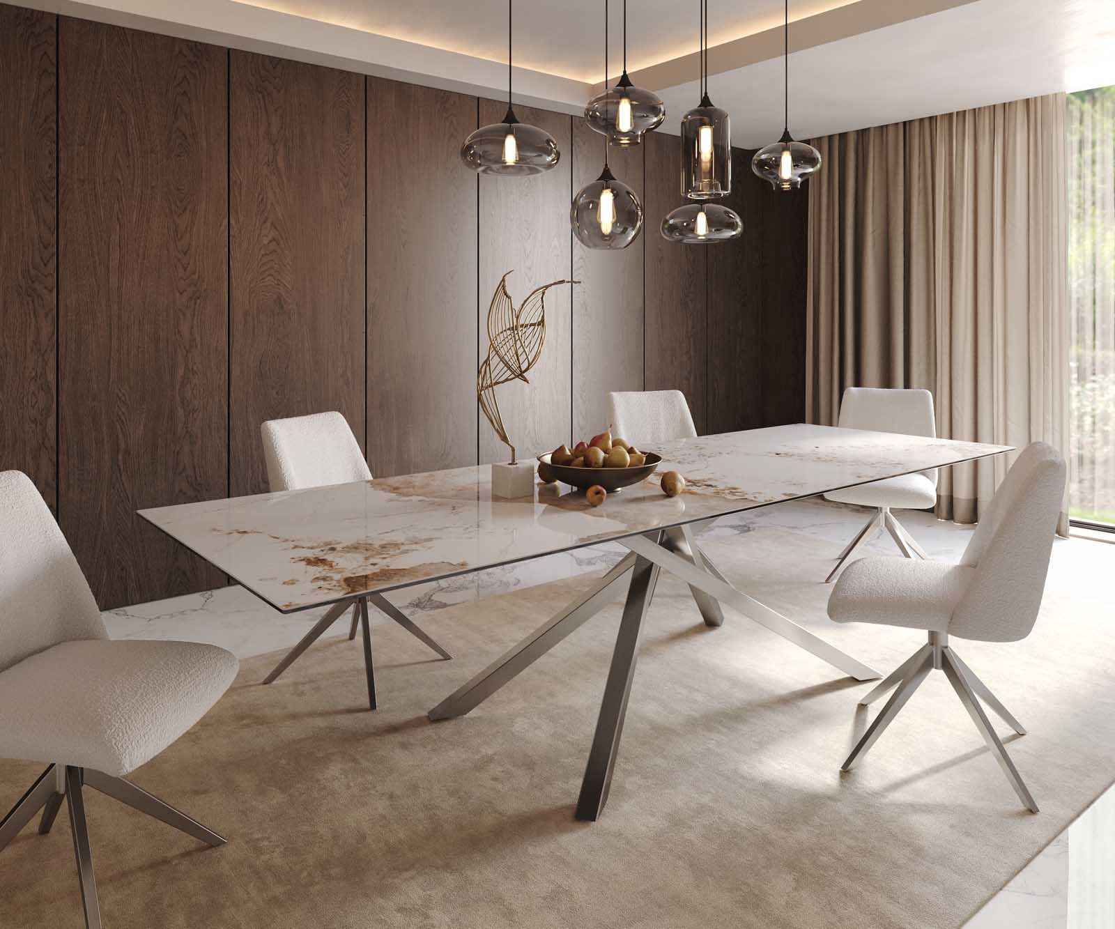 Esstisch Edge 300x100 Keramik Minas Melange Weiß-Beige Kreuzgestell Rechteck Edelstahl Esstisch Edge 300x100 Keramik Minas Melange Weiß-Beige Kreuzgestell Rechteck Edelstahl