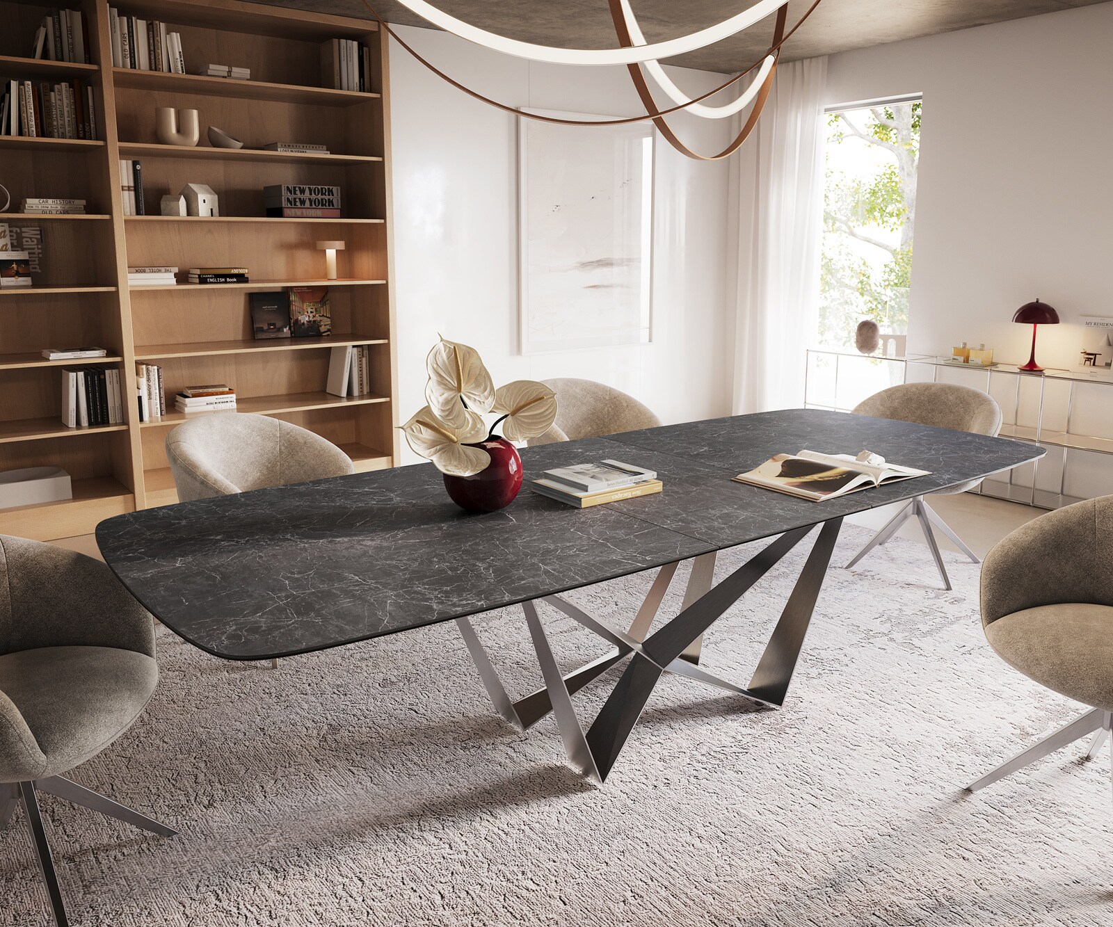 Esstisch Edge Boot 240-300x120 cm Keramik Laminam® Nero Greco Anthrazit Spider Flachstahl Edelstahl ausziehbar