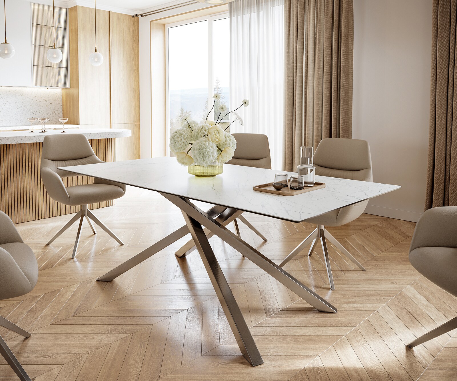 Esstisch Edge 200x100cm Keramik Laminam®Statuarietto Weiß Kreuzgestell Rechteck Edelstahl