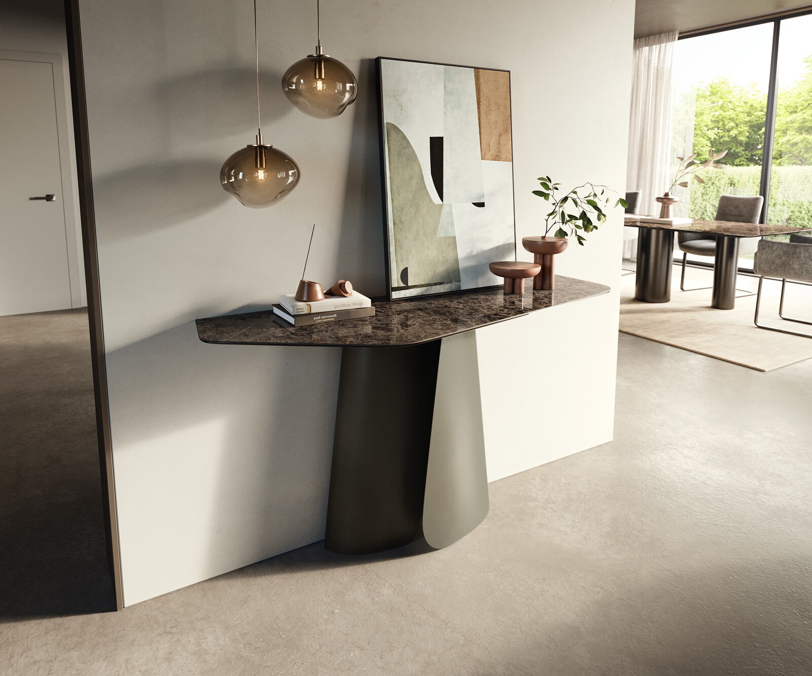 Konsolentisch Edge Polygonal 140x50 cm Keramik Emperador Extra Lucidato Dunkelbraun Livos Metall Effektfinish Titan 4
