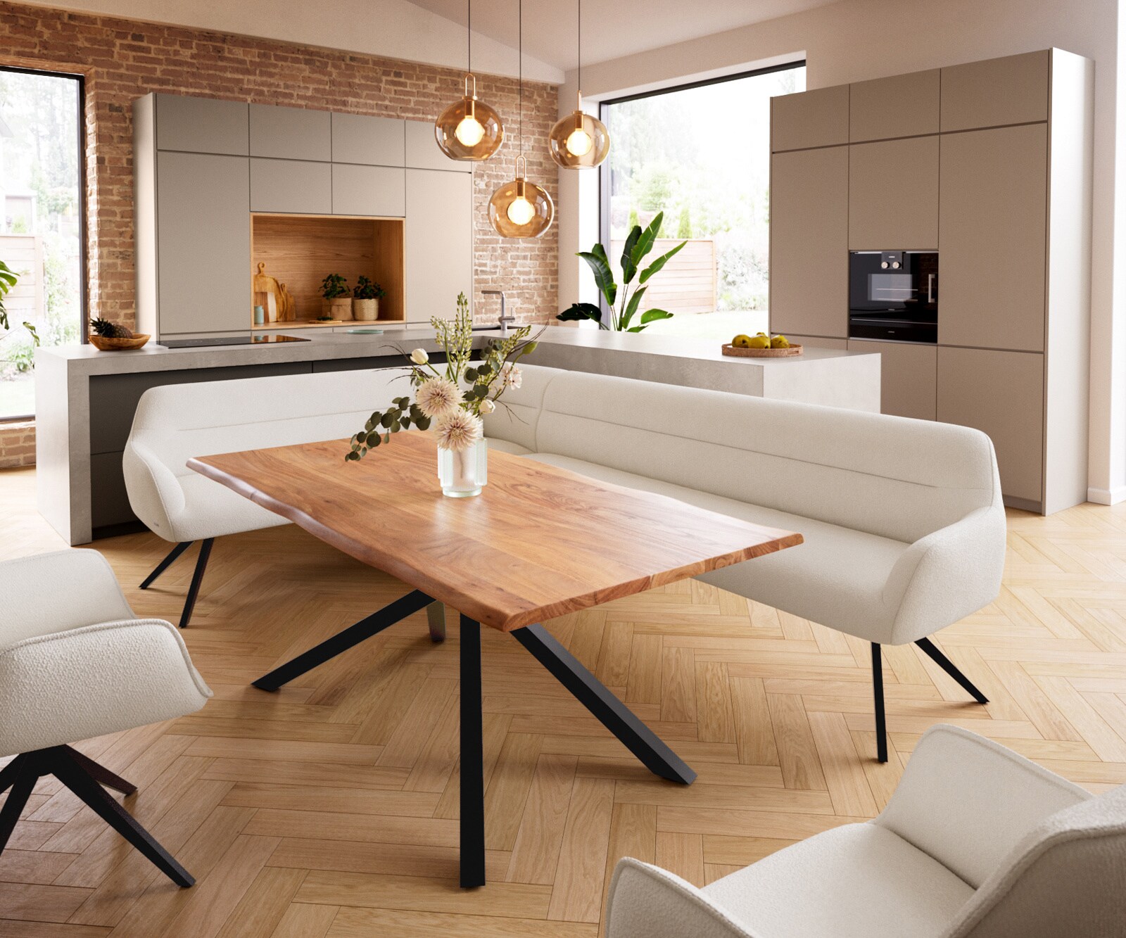 Esszimmerbank Taya-Flex 285x190 cm Bouclé Creme-Weiß Kreuzgestell kantig Schwarz Taschenfederkern Rechts