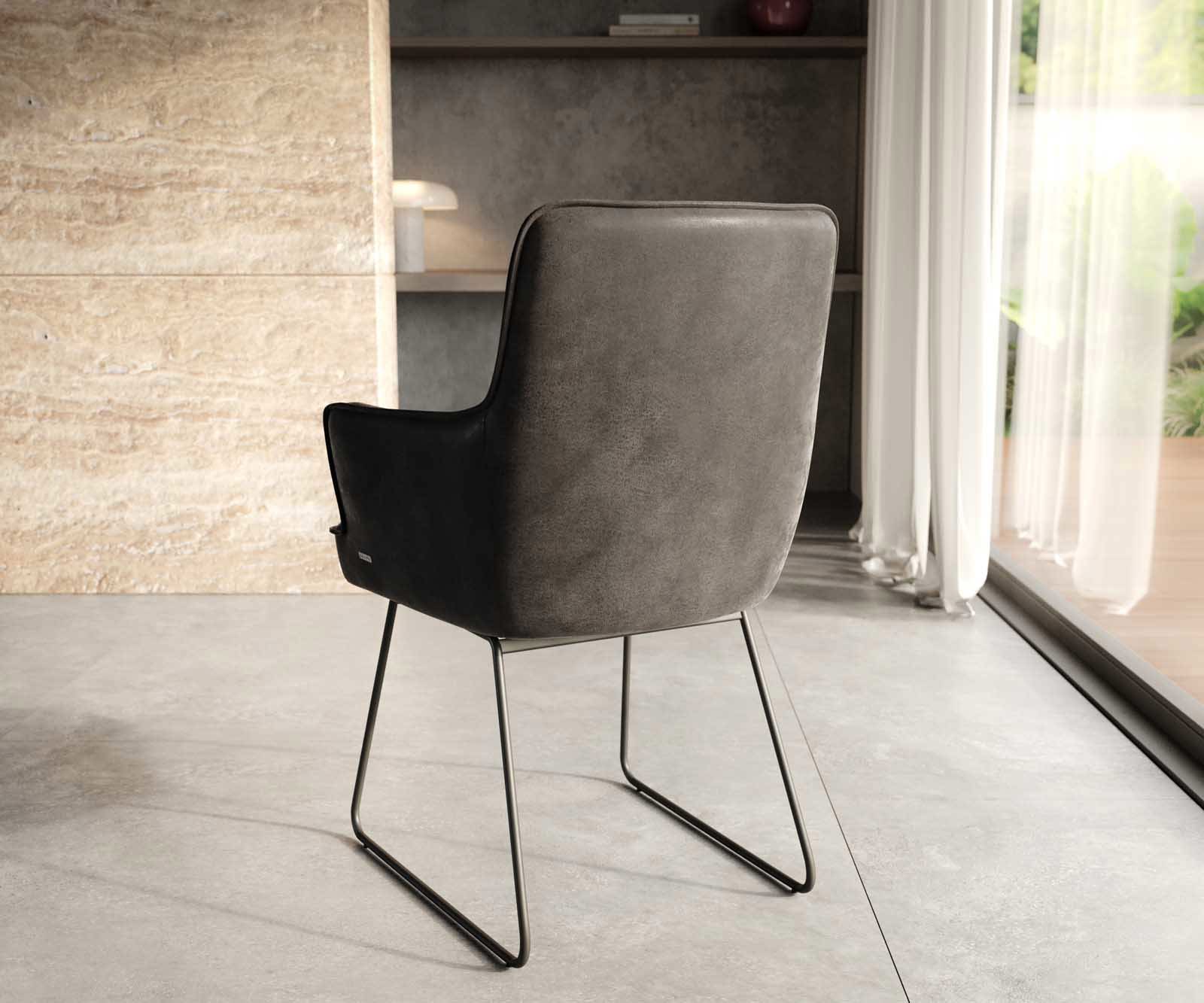 Chaise-de-salle-à-manger Heira-Flex avec accoudoirs microvelours anthracite vintage pied trapèze noir ressorts ensachés 3