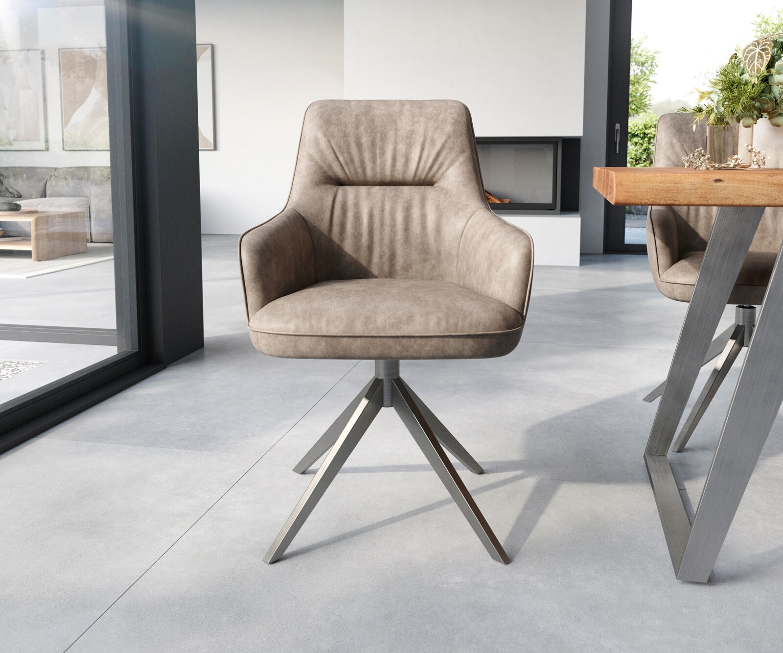 Chaise-de-salle-à-manger Zelia-Flex avec accoudoirs microvelours taupe vintage pied croisé large acier inoxydable brossé ressorts ensachés 1