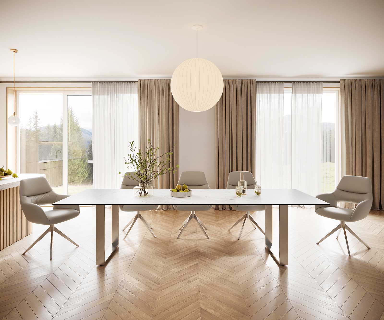 Esstisch Edge 300x100 Keramik Laminam® Statuarietto Weiß Edelstahl Schmal 1