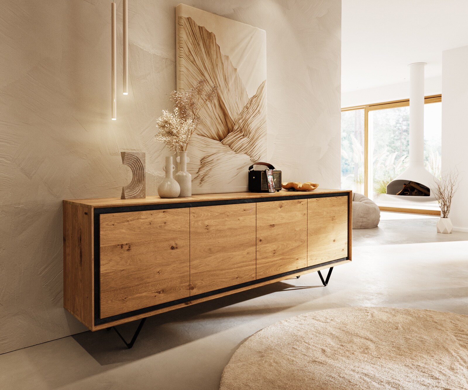 Buffet Stonegrace 200 cm chêne naturel 4 portes placage pierre pied en V métal noir