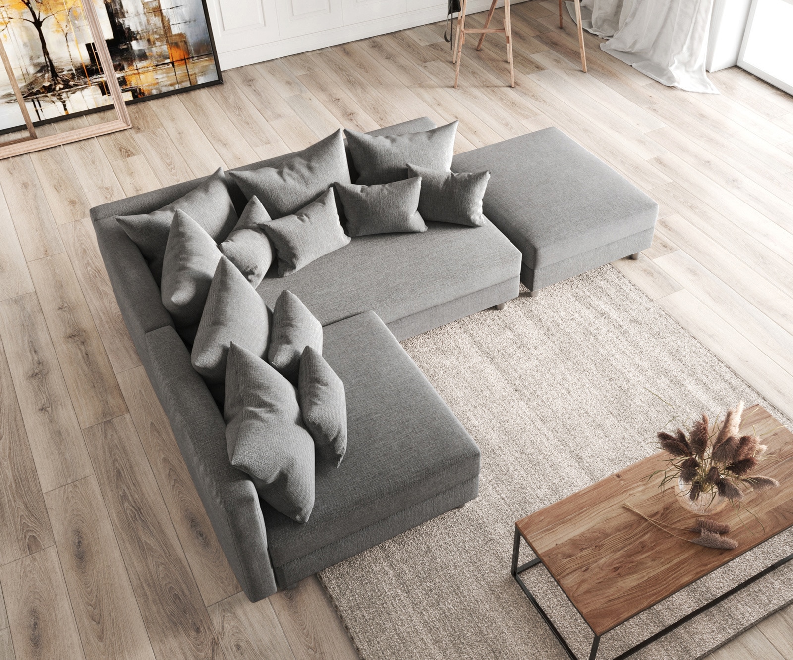 Canapé Clovis gris tabouret tissu plat ottoman droit canapé modulaire 3 Canapé Clovis gris tabouret tissu plat ottoman droit canapé modulaire 3