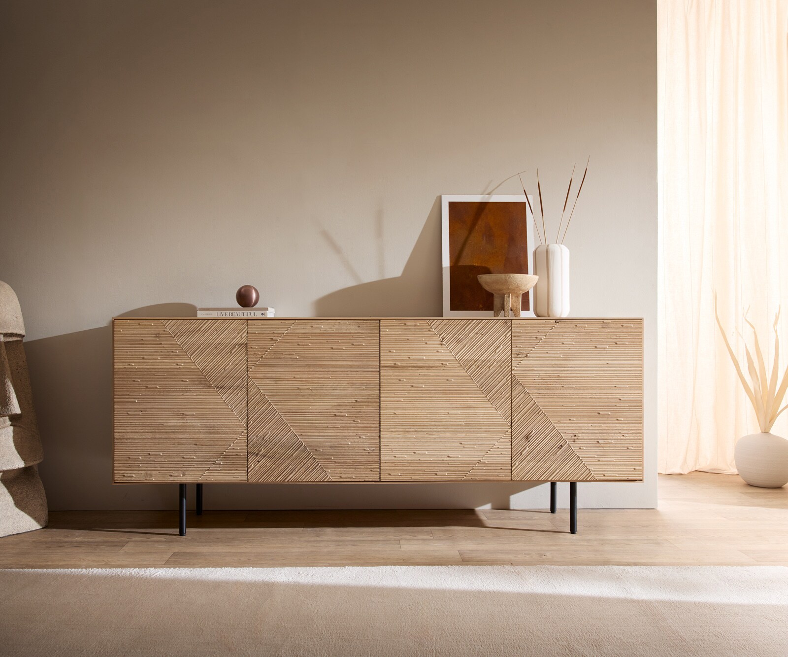 Sideboard Tereos 200 cm Eiche Natur 3D Effekt 4 Türen Rundfuß Metall Schwarz 3