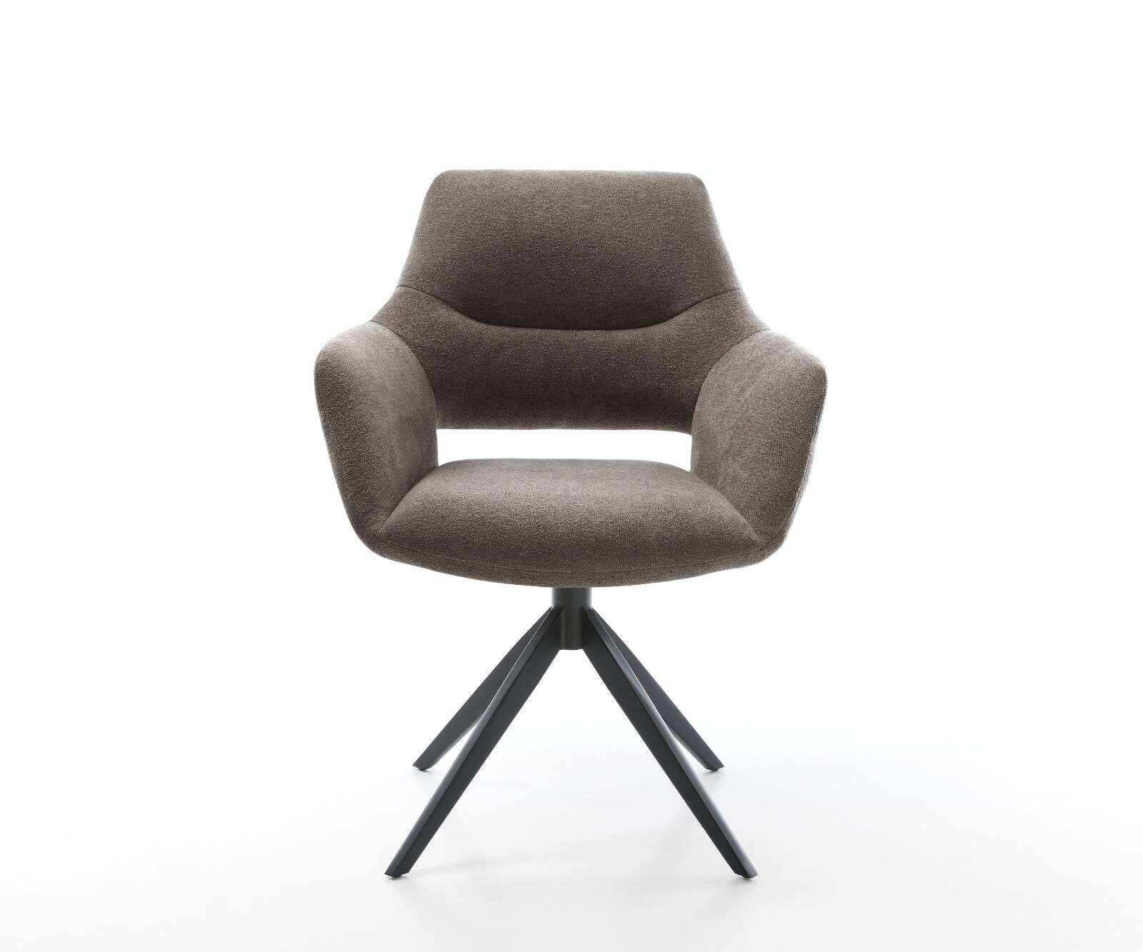 Chaise-pivotante Yago-Flex avec accoudoirs tissu structuré doux taupe pied croisé large noir pivotement sur 360° fonction bascule ressorts ensachés 1