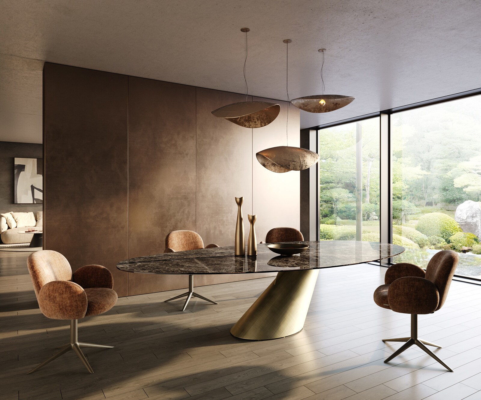 Table de salle à manger Edge Ovale 315x150 cm Céramique Emperador Extra Lucidato Brun foncé Cono Métallique Or 5