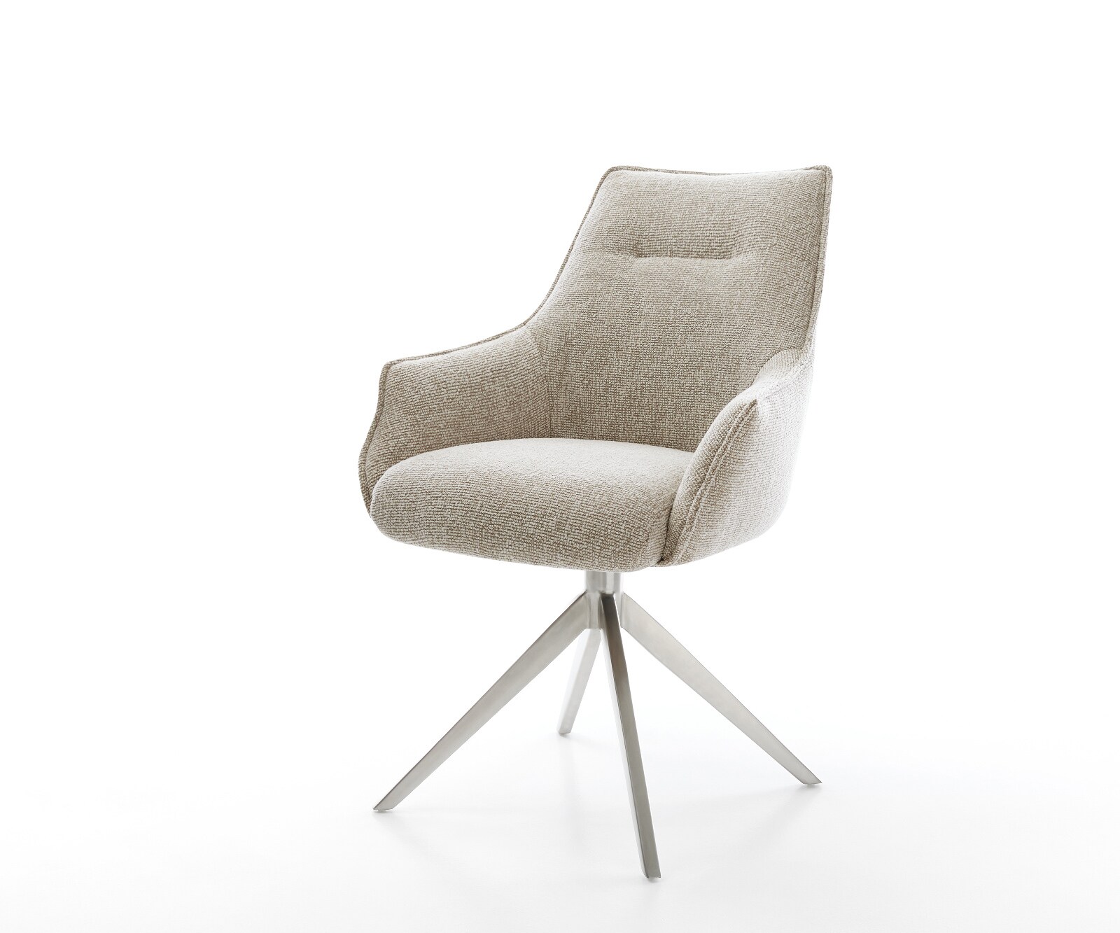 Drehstuhl Alja-Flex mit Armlehnen Webstoff Soft Beige Kreuzgestell breit Edelstahl 360° drehbar Taschenfederkern
