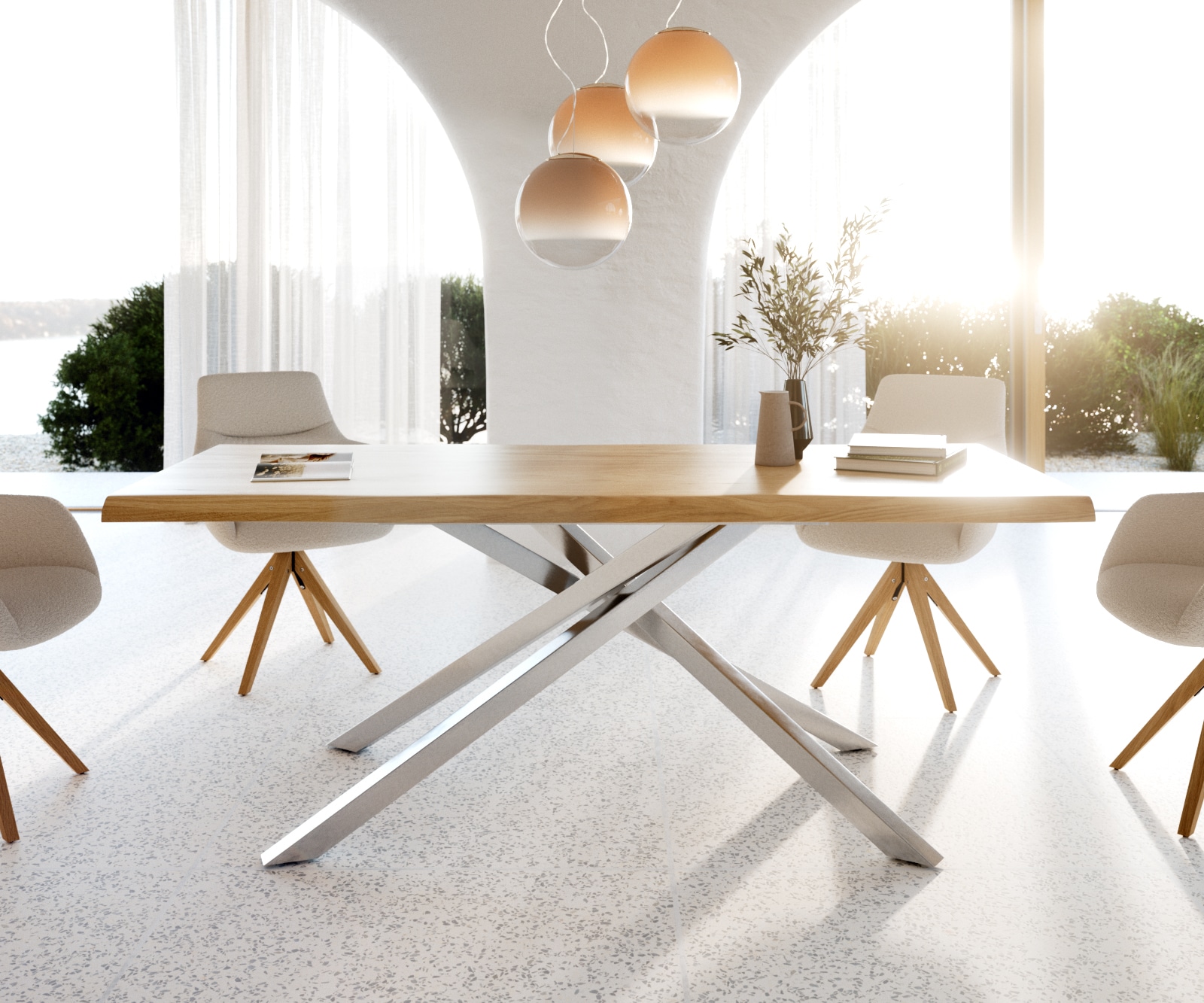 Esstisch Edge 200x100 Eiche Natur Kreuzgestell Rechteck Edelstahl Live-Edge 1 Esstisch Edge 200x100 Eiche Natur Kreuzgestell Rechteck Edelstahl Live-Edge 1