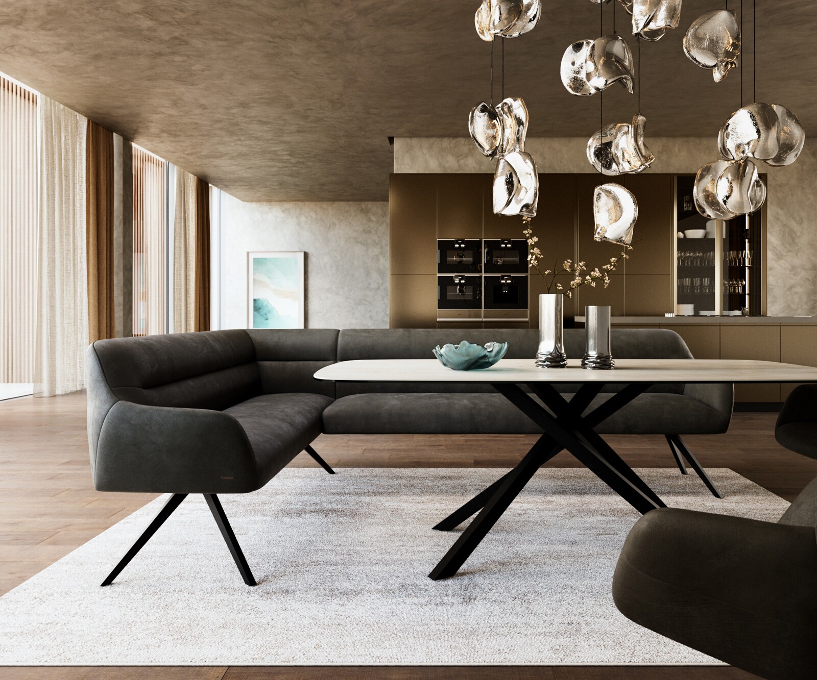 Banc-de-salle-à-manger Taya-Flex 285x190 cm microfibre antracite vintage pied croisé angulaire noir ressort ensaché à droite 2