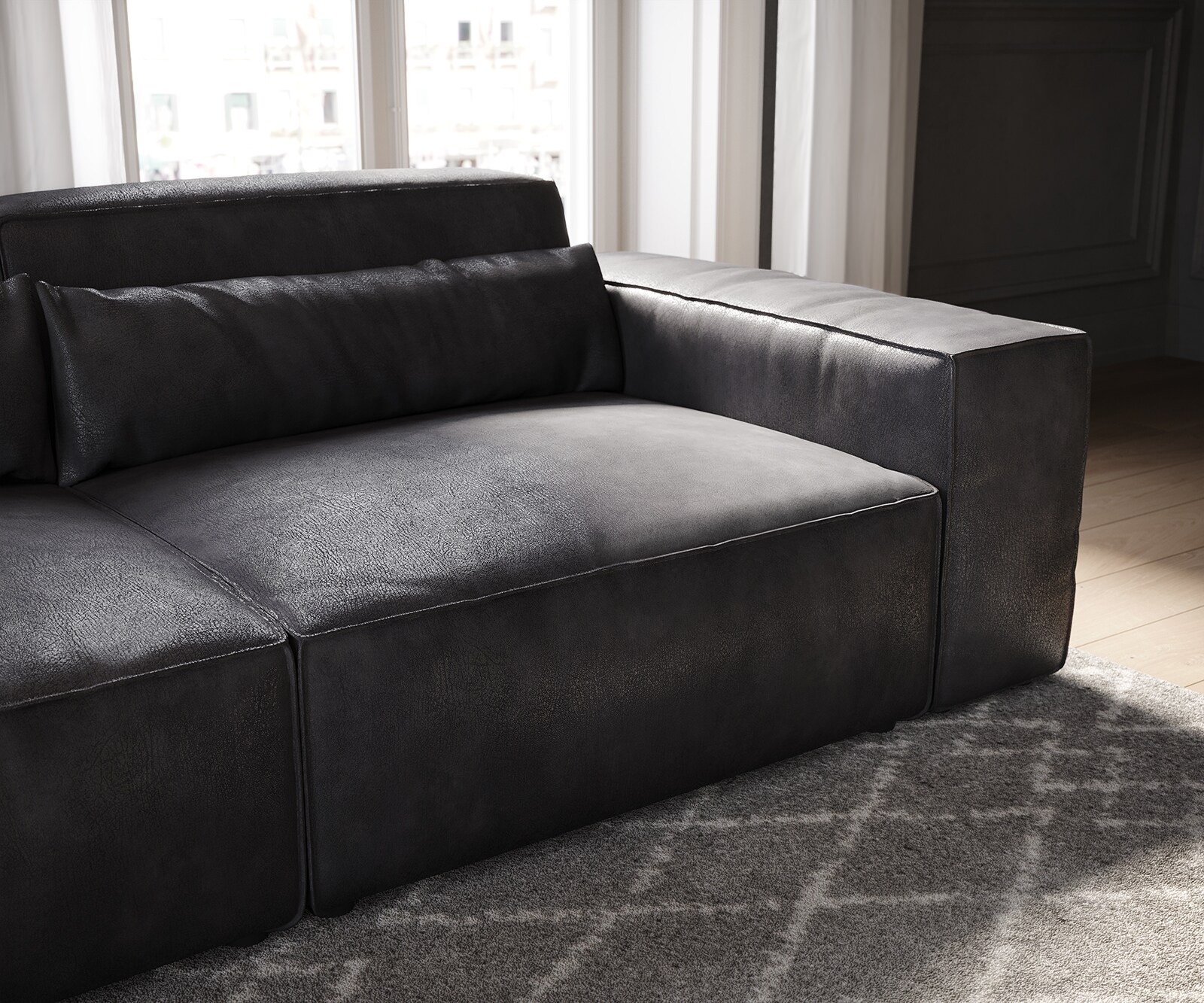 Big-Sofa Sirpio 230x95 cm Lederimitat Vintage Anthrazit  mit Hocker 5