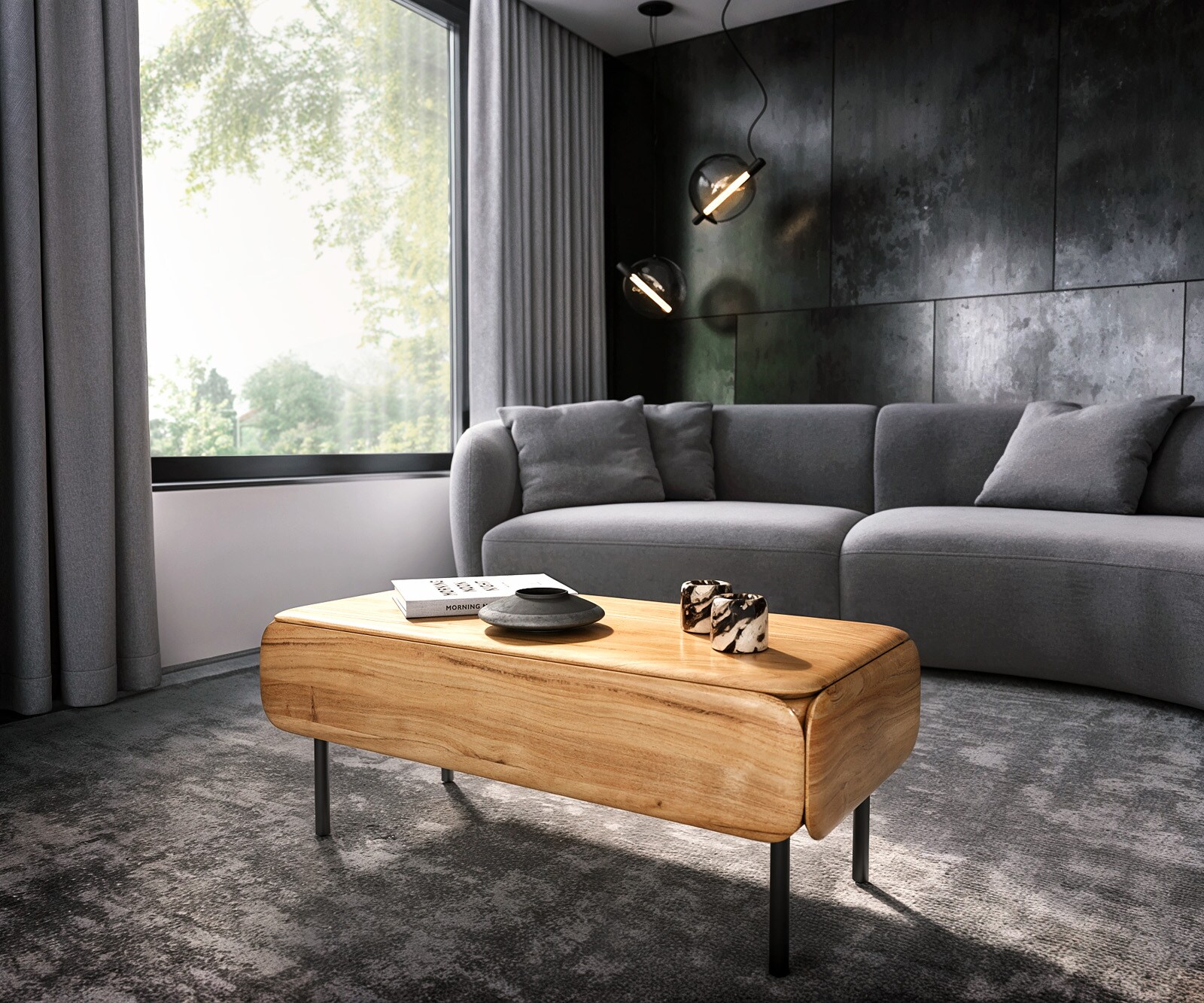 Table-basse Shavani 100x50 cm acacia naturel 1 tiroir abattantes métal noir