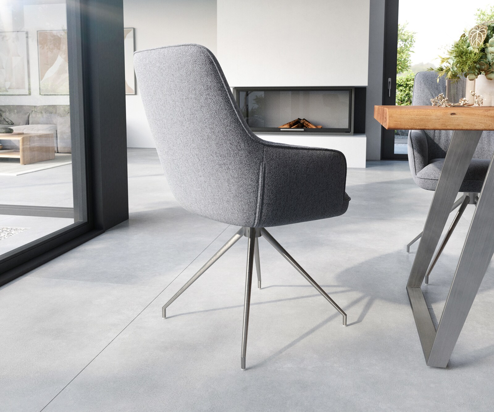 Esszimmerstuhl Zelia-Flex mit Armlehnen Strukturstoff Hellgrau Kreuzgestell konisch Edelstahl Taschenfederkern 5