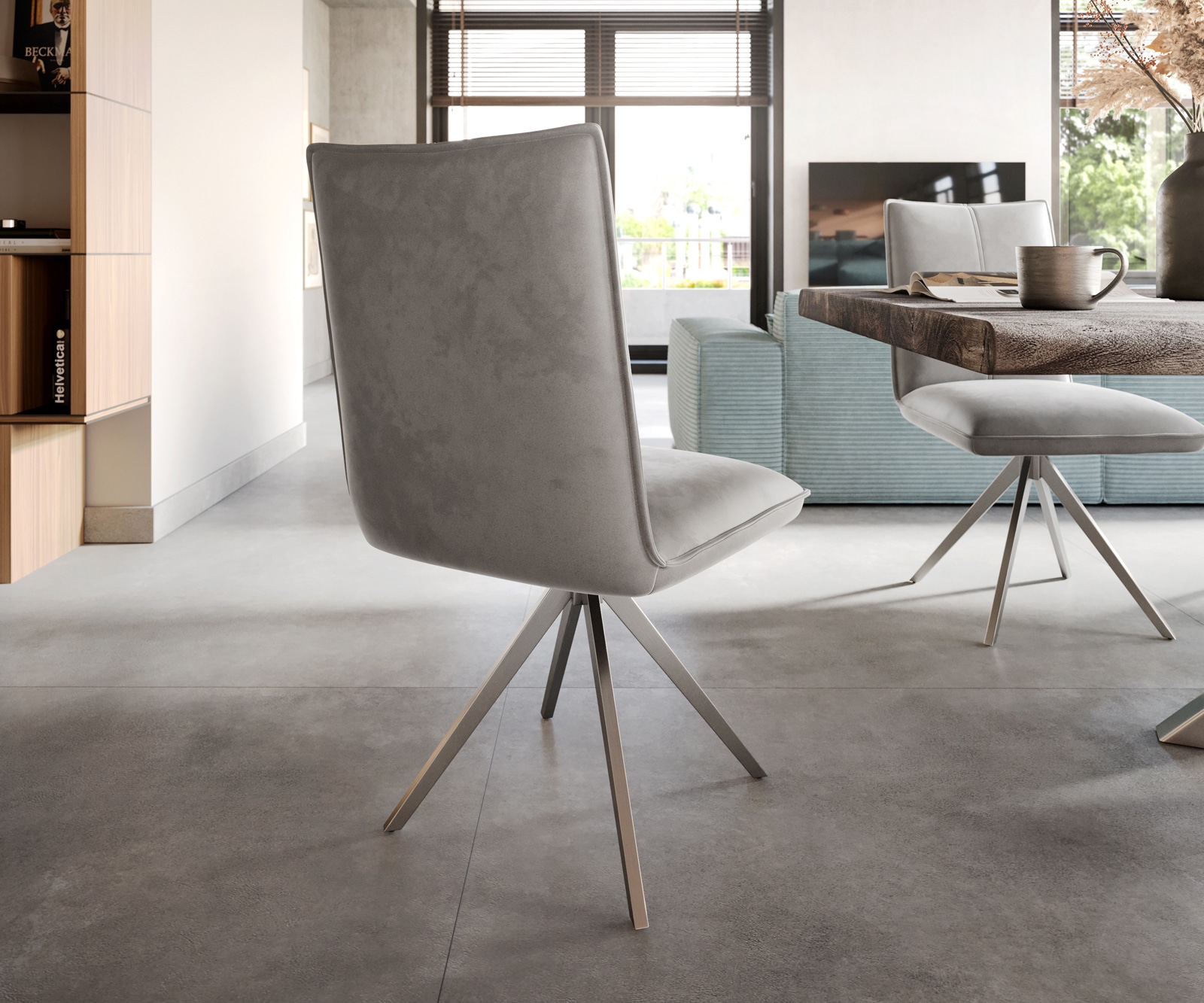 Esszimmerstuhl Lelio-Flex Samt Grau Kreuzgestell breit Edelstahl Taschenfederkern 4 Esszimmerstuhl Lelio-Flex Samt Grau Kreuzgestell breit Edelstahl Taschenfederkern 4