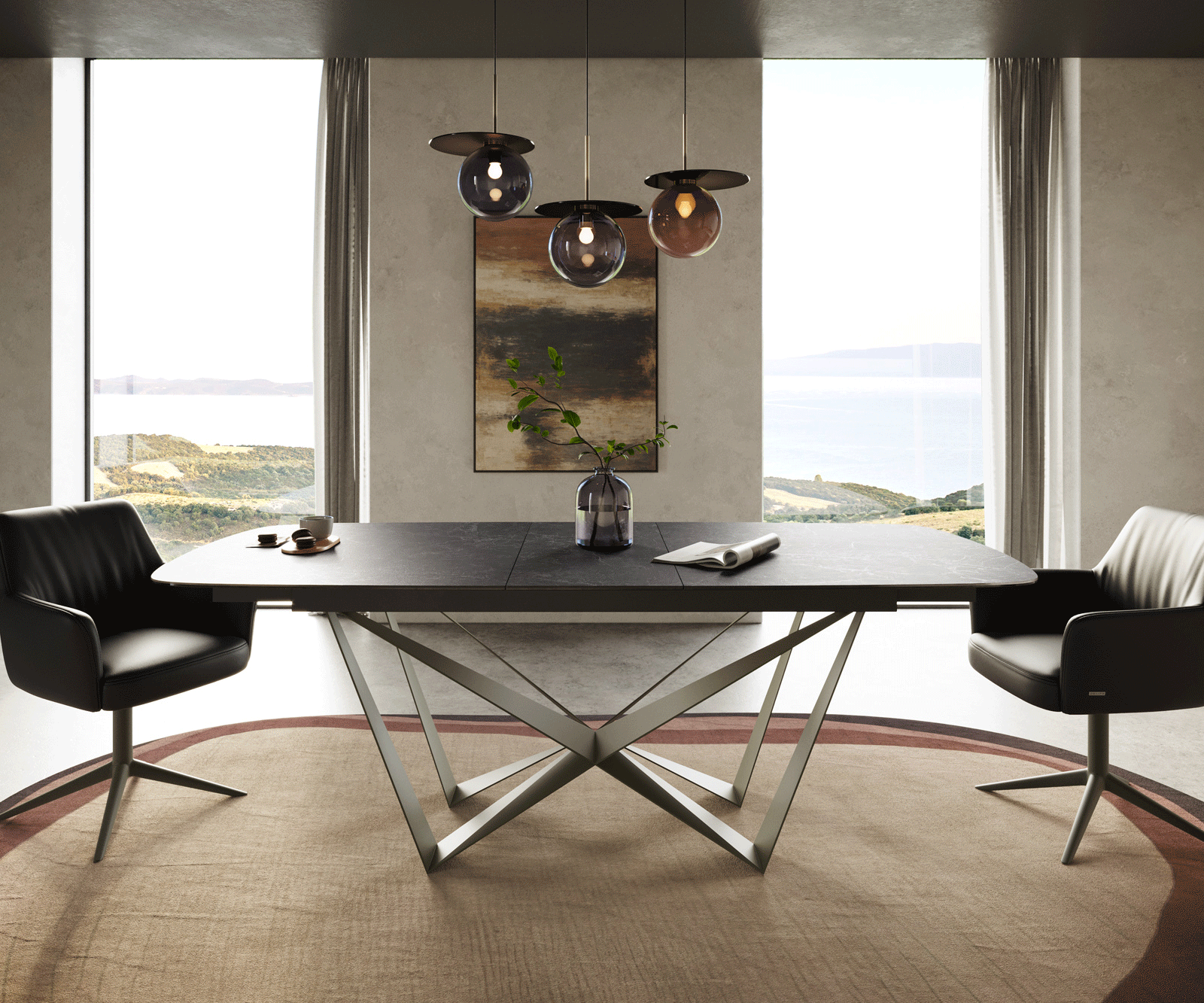 Esstisch Edge Boot 180-220x100 cm Keramik Laminam® Nero Greco Anthrazit Spider Metall Effektfinish Titan ausziehbar 1