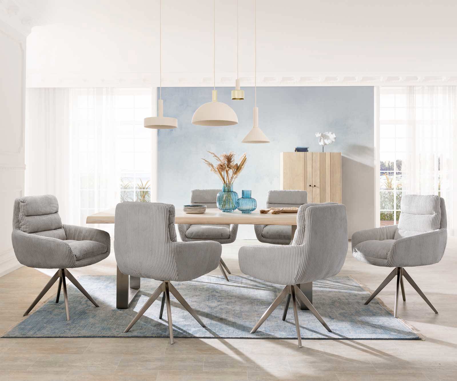 Esszimmerstuhl Abelia-Flex mit Armlehnen Cord Silbergrau Kreuzgestell kantig Edelstahl 3 Esszimmerstuhl Abelia-Flex mit Armlehnen Cord Silbergrau Kreuzgestell kantig Edelstahl 3