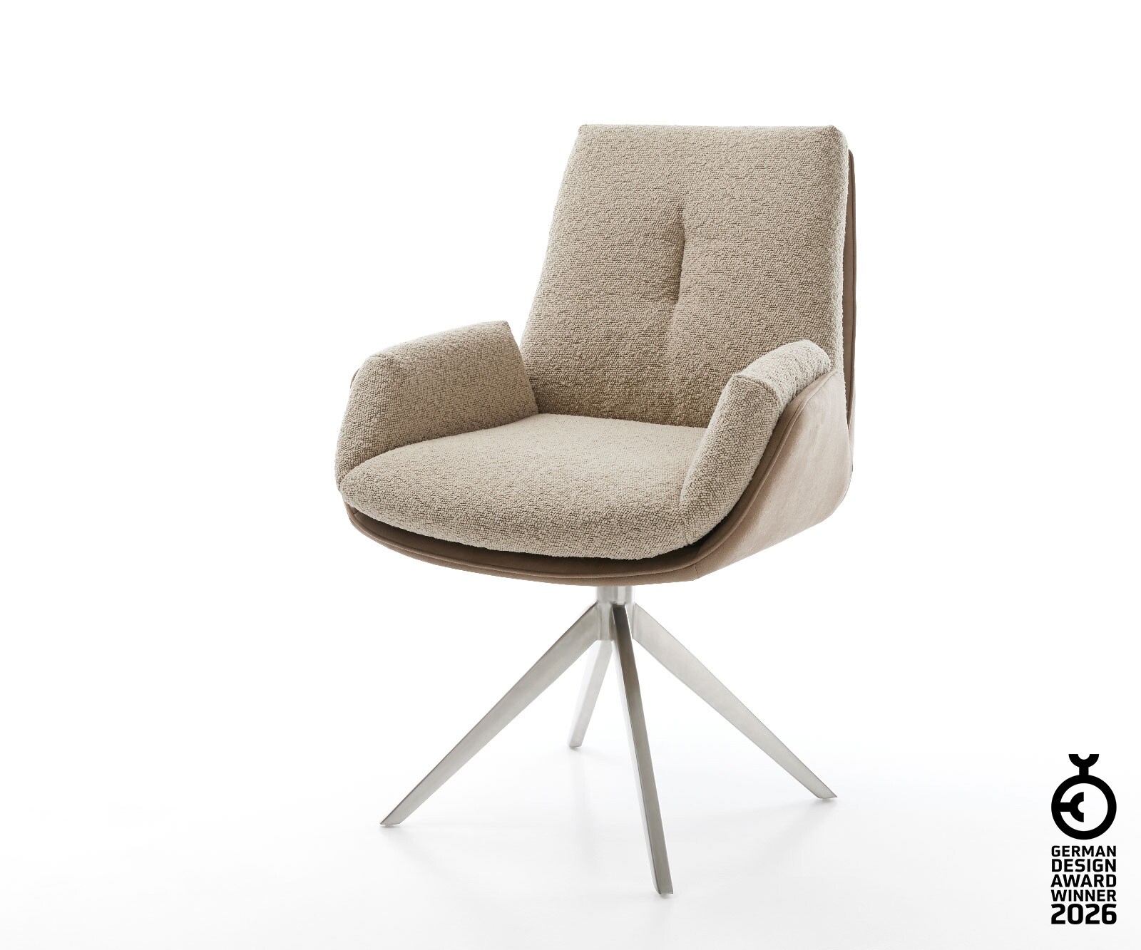Chaise-pivotante Clea-Flex tissu mixte couleur boue pied croisé large acier inoxydable brossé pivotement sur 360°