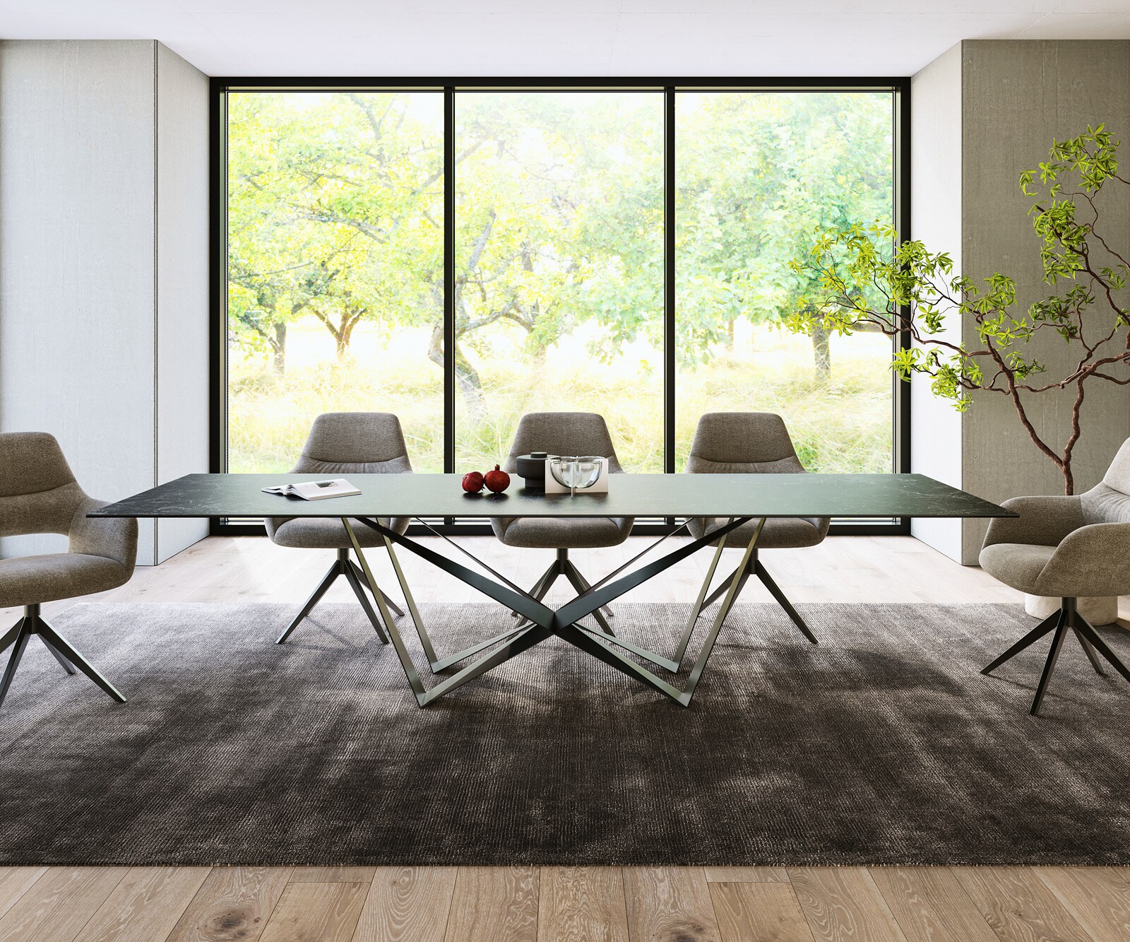 Table-à-manger Edge 300x100cm Laminam® céramique gris pieds milieu acier plat noir 1