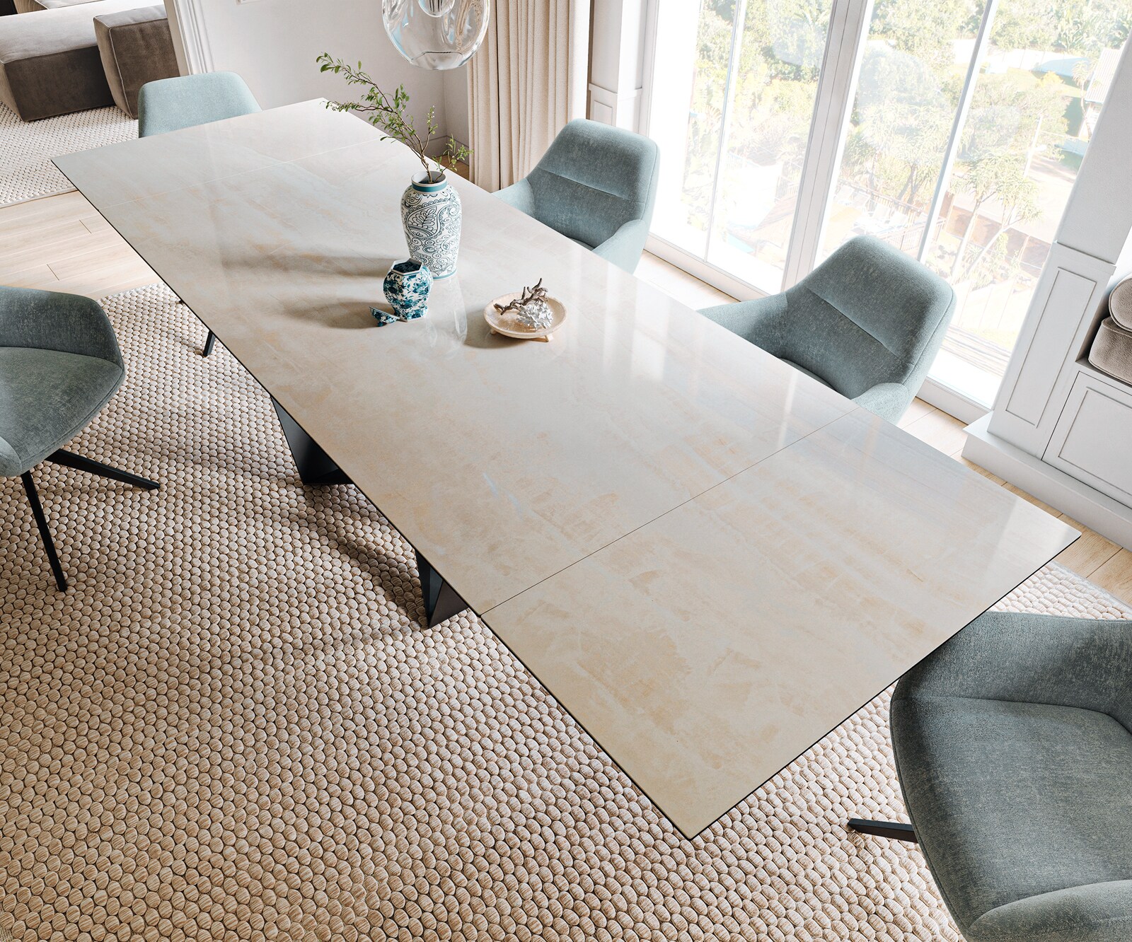 Esstisch Edge 200-300x100 cm Keramik Onyx Champagne Spider Flachstahl Schwarz ausziehbar 3