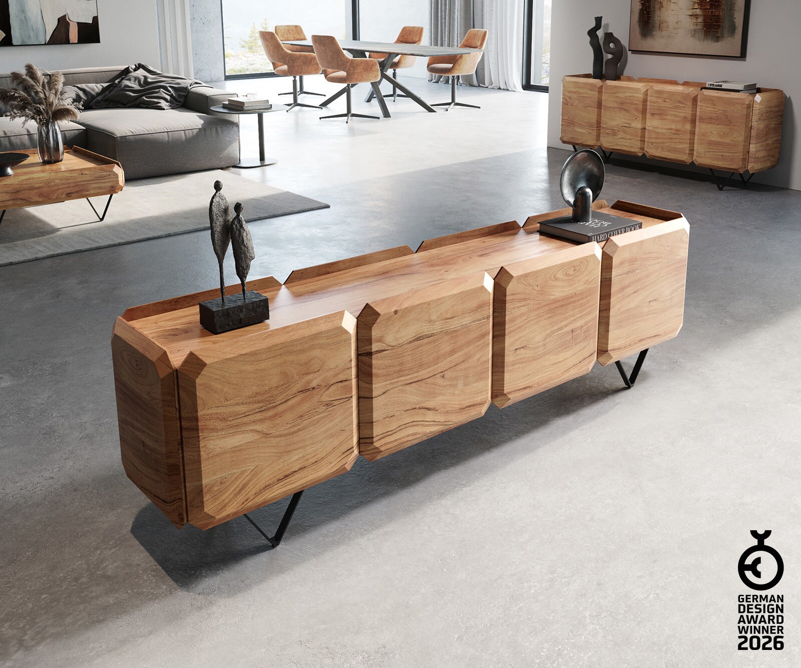 Lowboard Kiano 200 cm Akazie Natur 4 Türen V-Fuß Schwarz Raumteiler