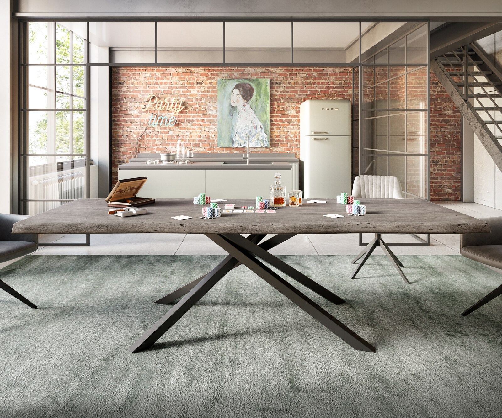 Table à manger Edge 260x100 XL acacia platine cadre croisé rectangle noir Live-Edge 2