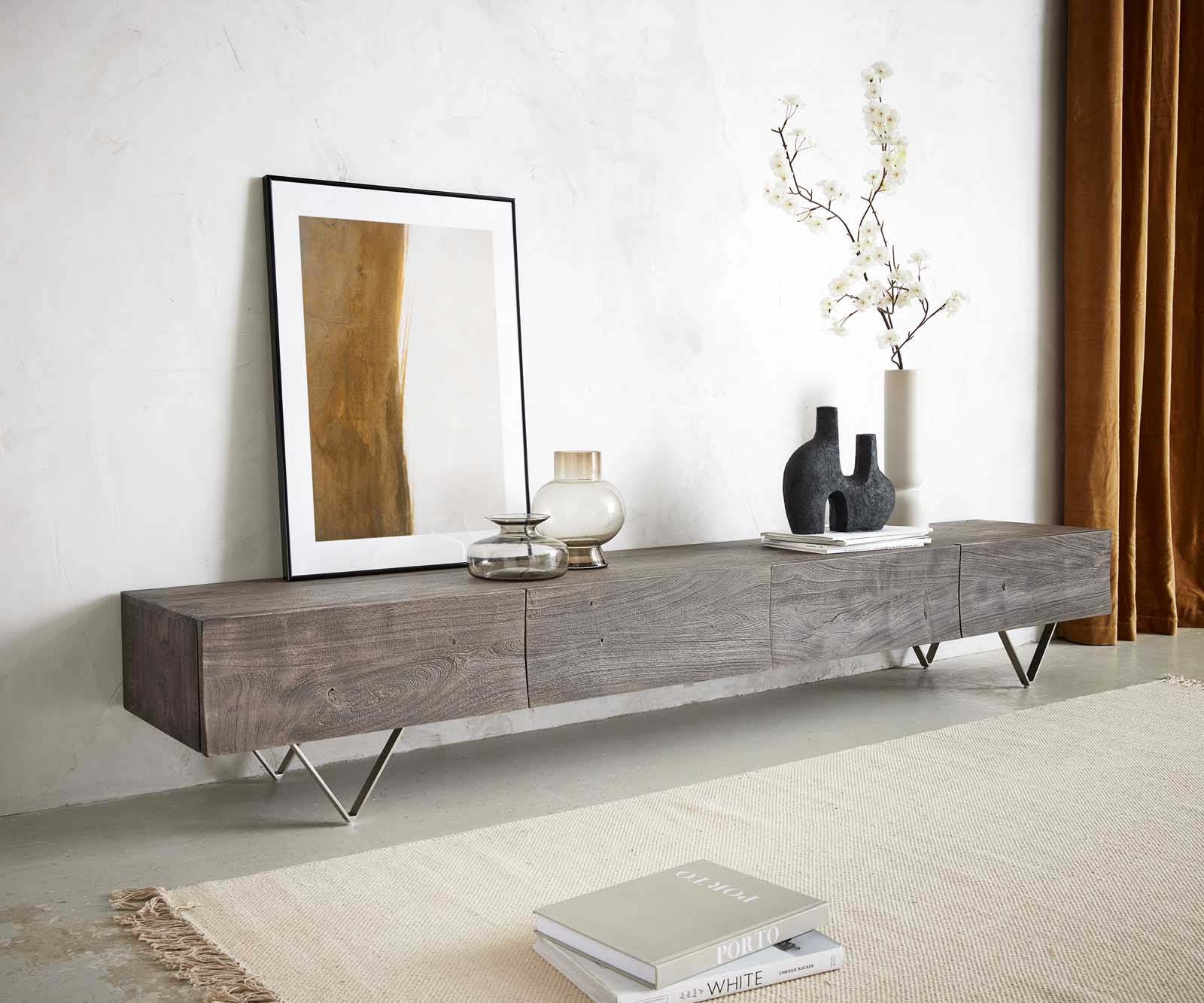 Meuble TV Wyatt 220 cm en sheesham naturel 4 tiroirs Pied en V inox 5