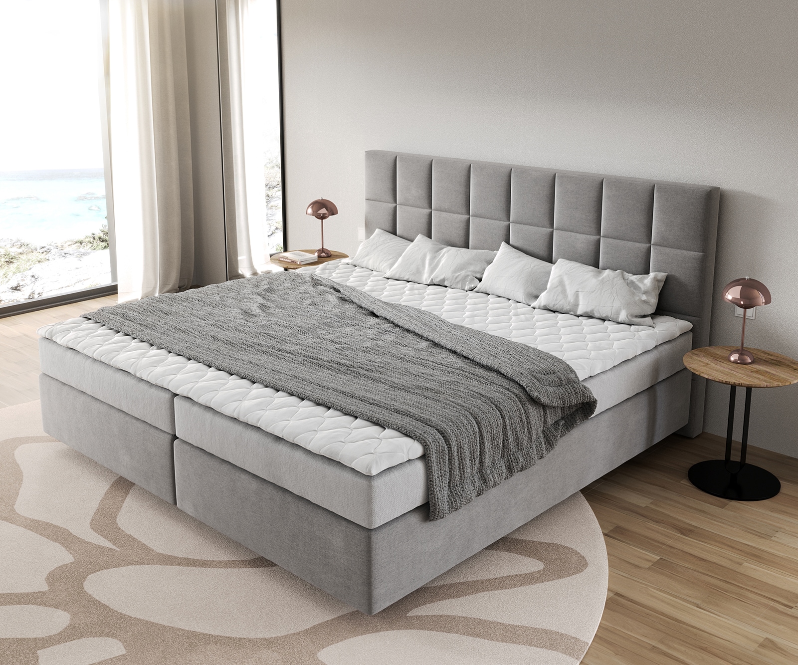 Boxspringbett Dream-Fine Mikrofaser Grau 200x200 cm Bonell-Matratze PU-Topper 3 Boxspringbett Dream-Fine Mikrofaser Grau 200x200 cm Bonell-Matratze PU-Topper 3