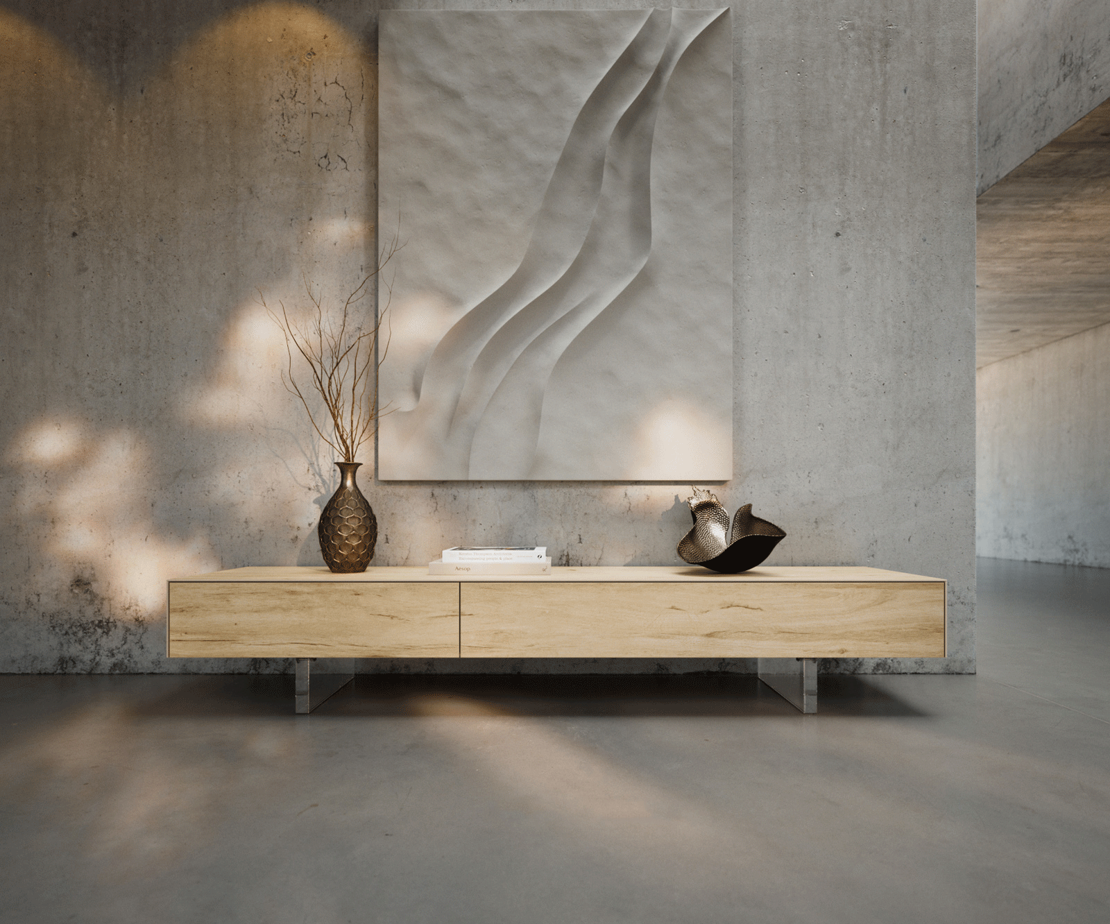 Meuble-TV Cuor 200 cm Céramique Laminam® Sabbia Teinte chêne 1 Clapet 1 Tiroir Pied optique flottant Verre acrylique 1