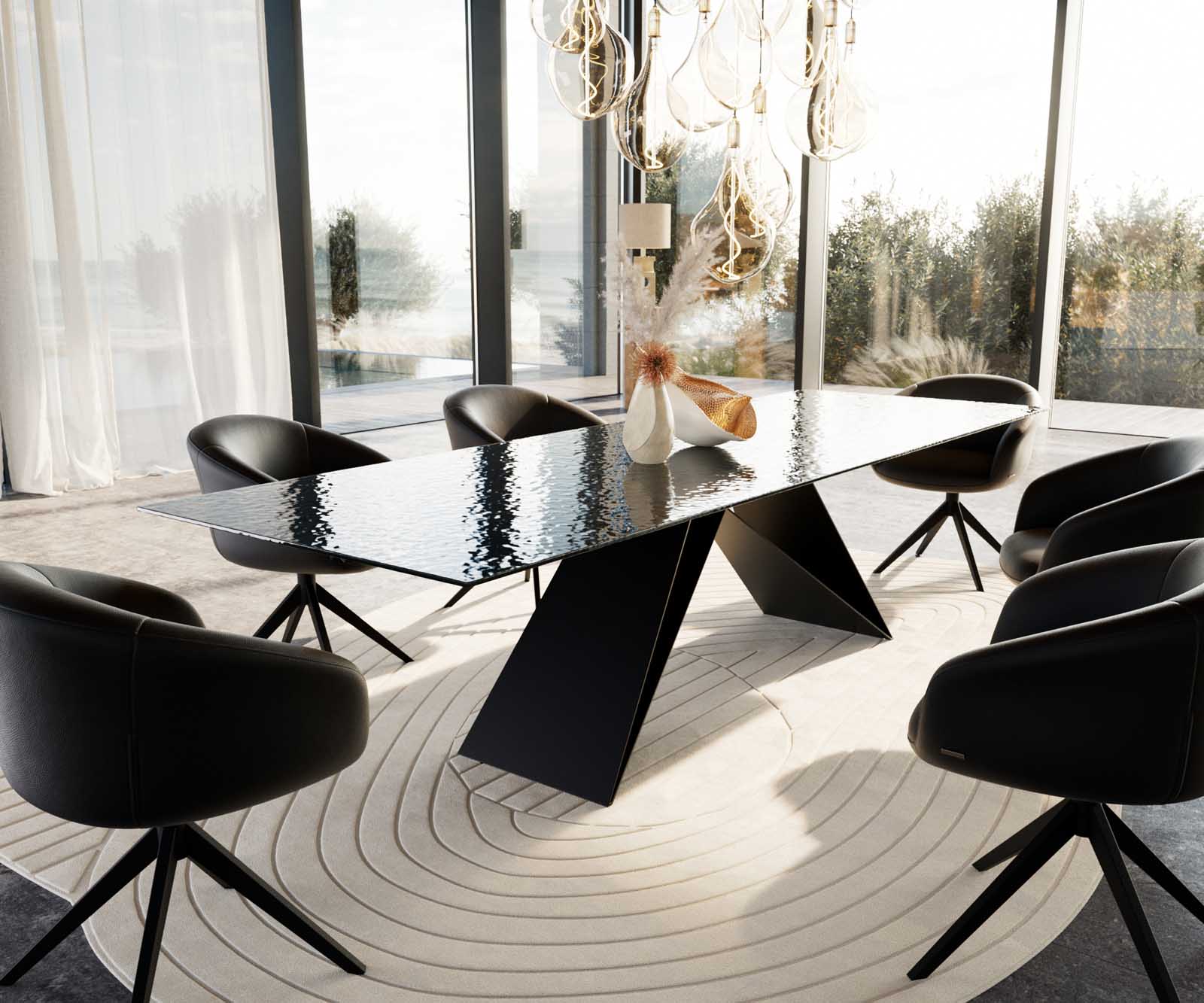 Esstisch Edge 300x100 Reliefglas Rauchschwarz 3D-Design V-Gestell Flachstahl Schwarz 9