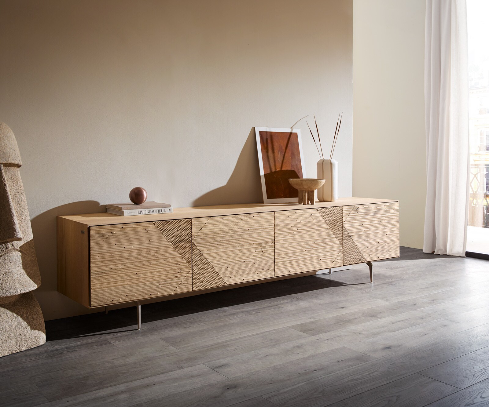 Lowboard Tereos 220 cm Eiche Natur 3D Effekt 4 Türen Winkelfuß Edelstahl gebürstet