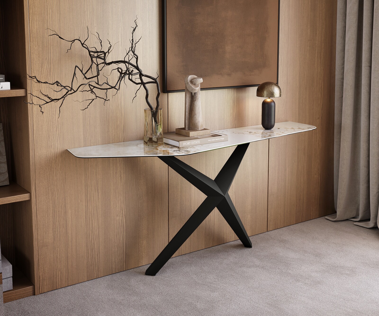 Console Edge Polygonal 180x50 cm Céramique Minas Melange Weiß-Beige Zentharo Métal Noir 1