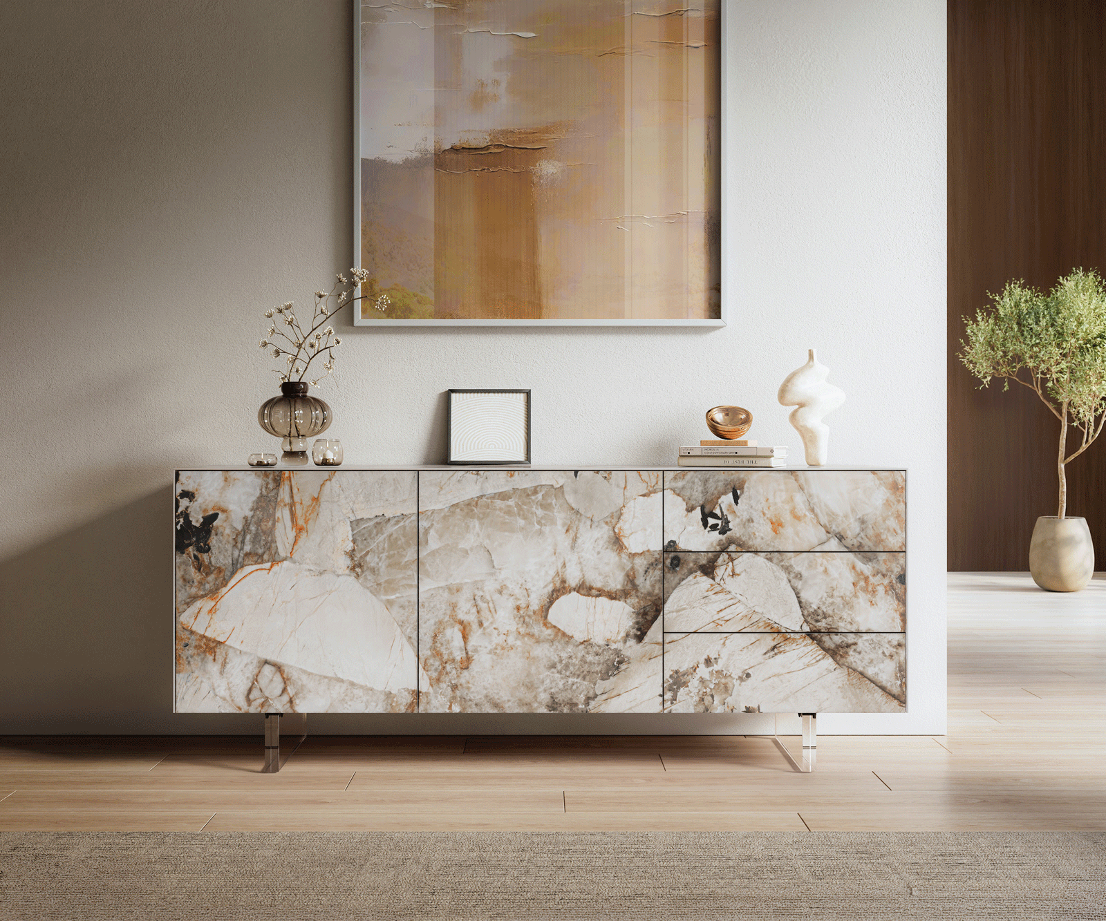 Sideboard Cuor 180 cm Keramik Patagonia Poliert 2 Türen 3 Schubfächer Fuß Schwebeoptik Acrylglas 2