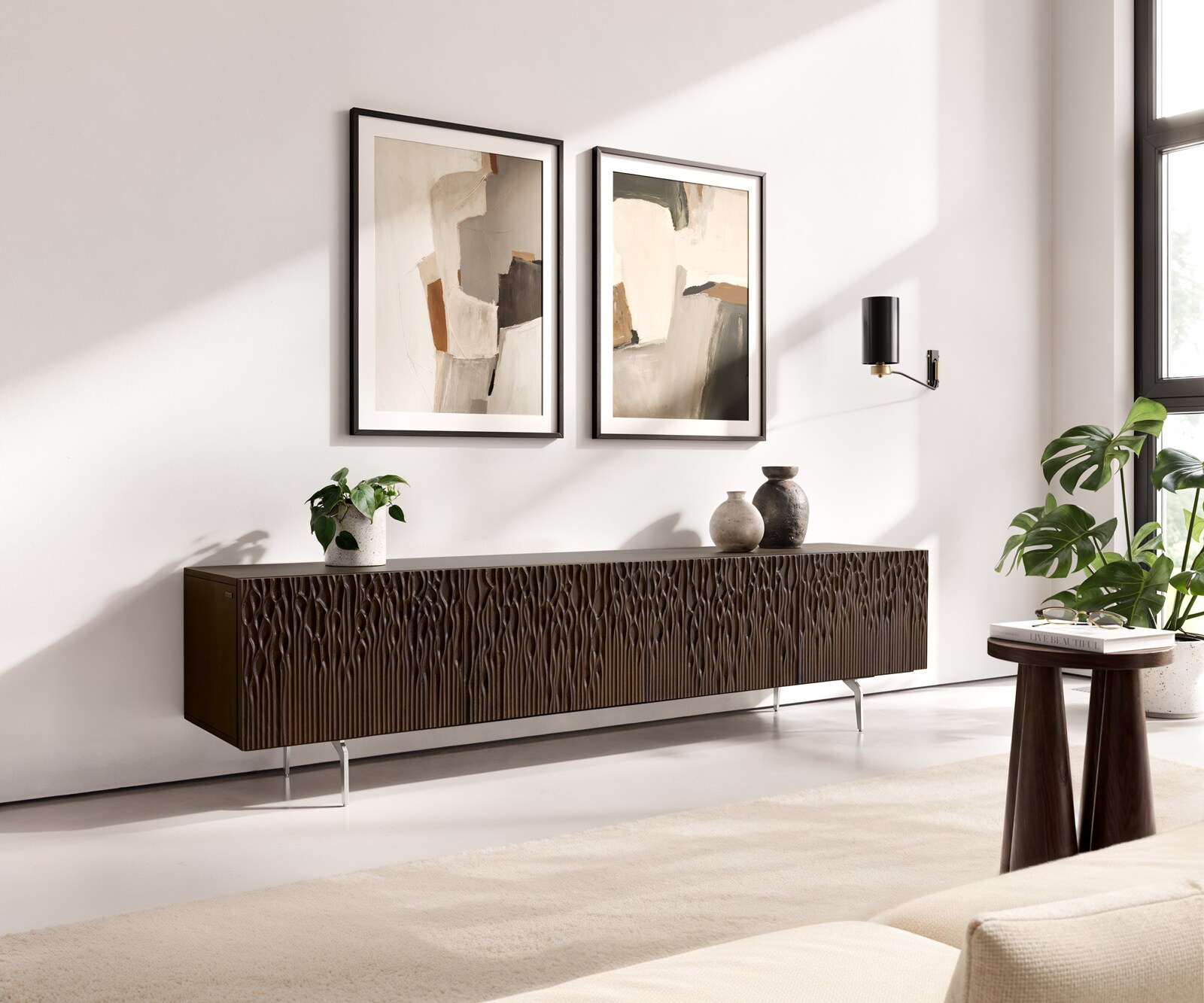 Lowboard Follia 200 cm Mango Braun 4 Türen Winkelfuß Edelstahl gebürstet