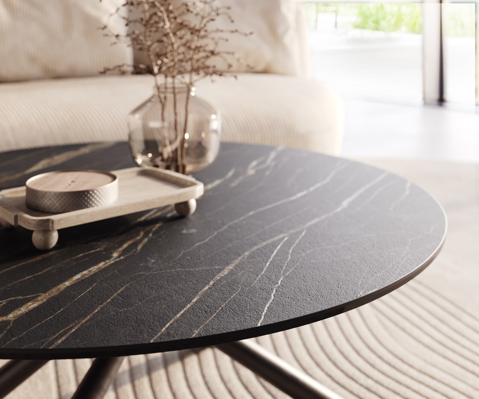 Table basse Edge rond 100x100 cm céramique Laminam® Noir Desir brun Sarity métal noir 3