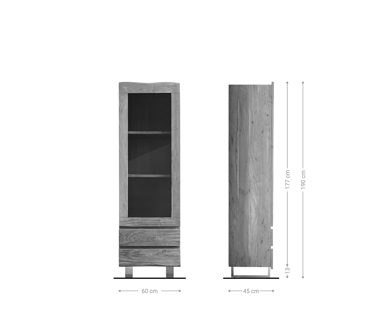 Vitrine Live-Edge 60x190 cm Akazie Natur Baumkante 1 Tür 2 Schubladen Massiv 9