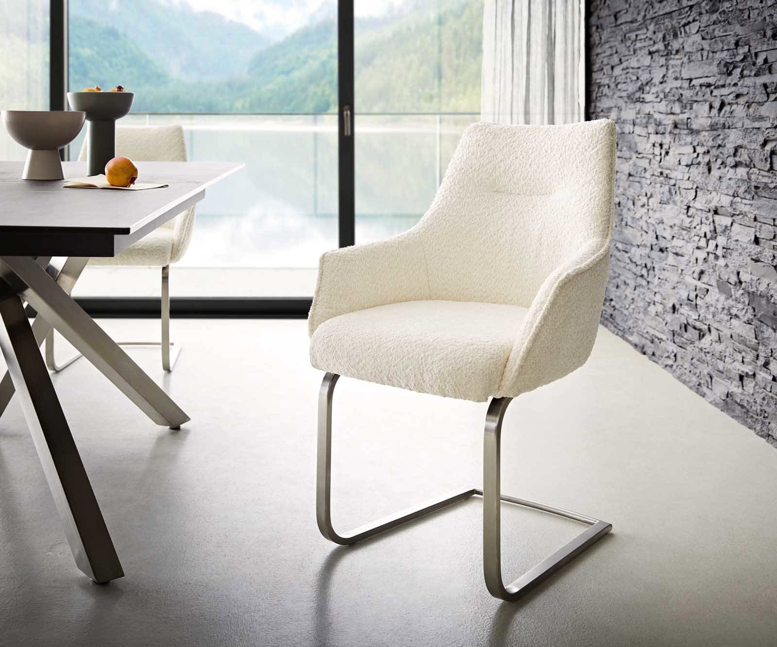 Freischwinger Alja-Flex mit Armlehnen Bouclé Weiß Freischwinger flach Edelstahl Taschenfederkern Freischwinger Alja-Flex mit Armlehnen Bouclé Weiß Freischwinger flach Edelstahl Taschenfederkern