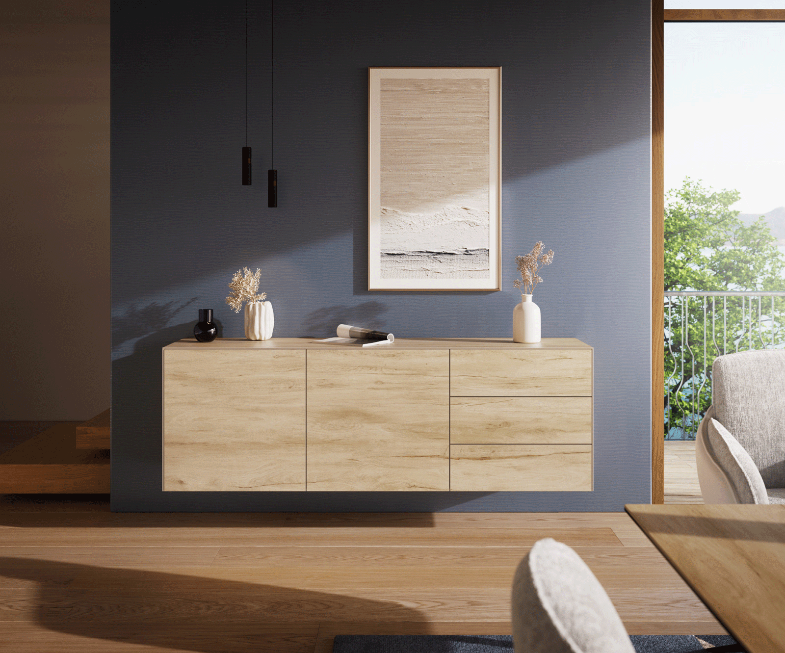 Sideboard Cuor 180 cm Keramik Laminam® Sabbia Eichefarbig 2 Türen 3 Schubfächer Schwebend 1