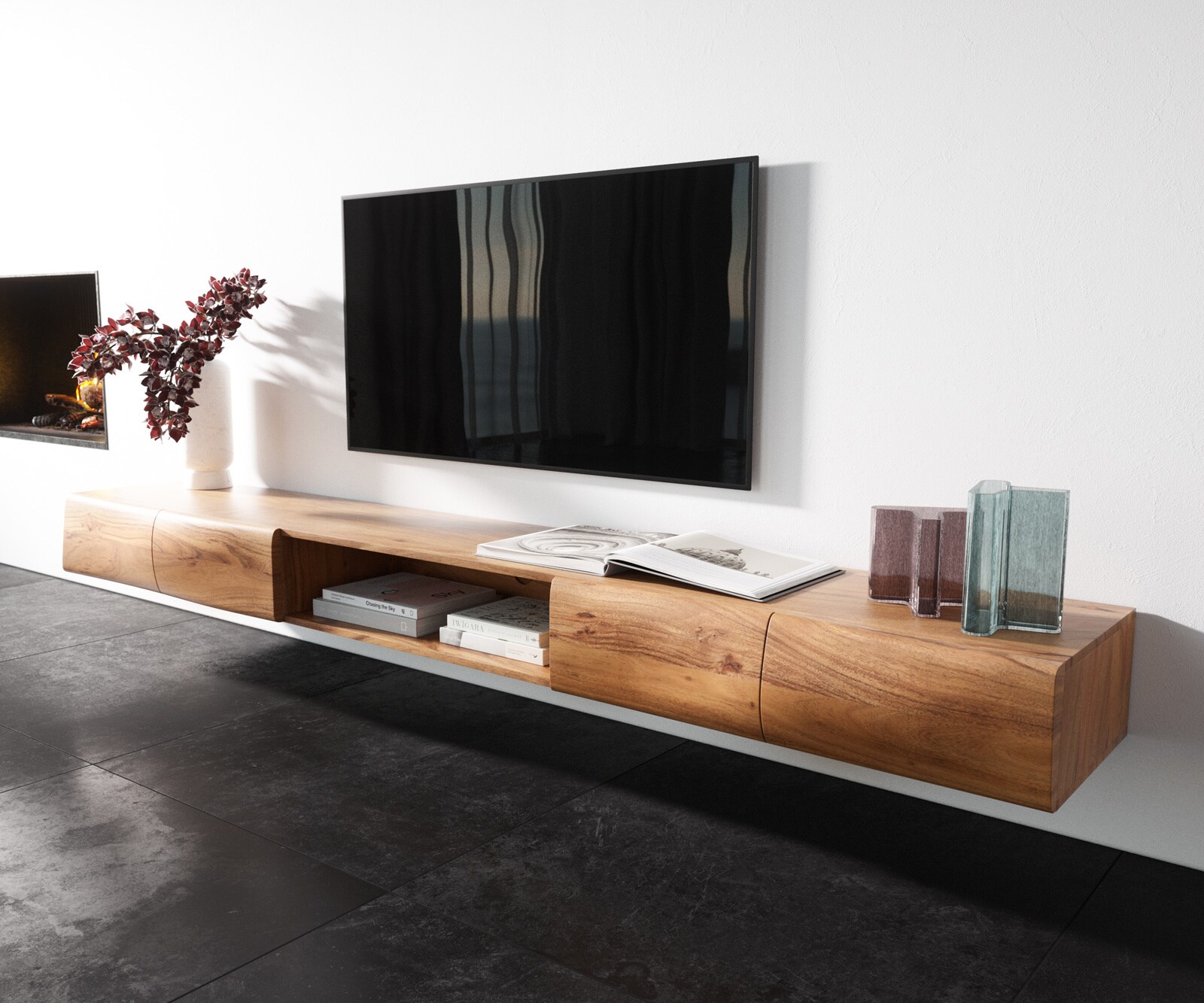 Meuble TV New Live-Edge 240 cm acacia naturel 4 portes 1 compartiment ouvert