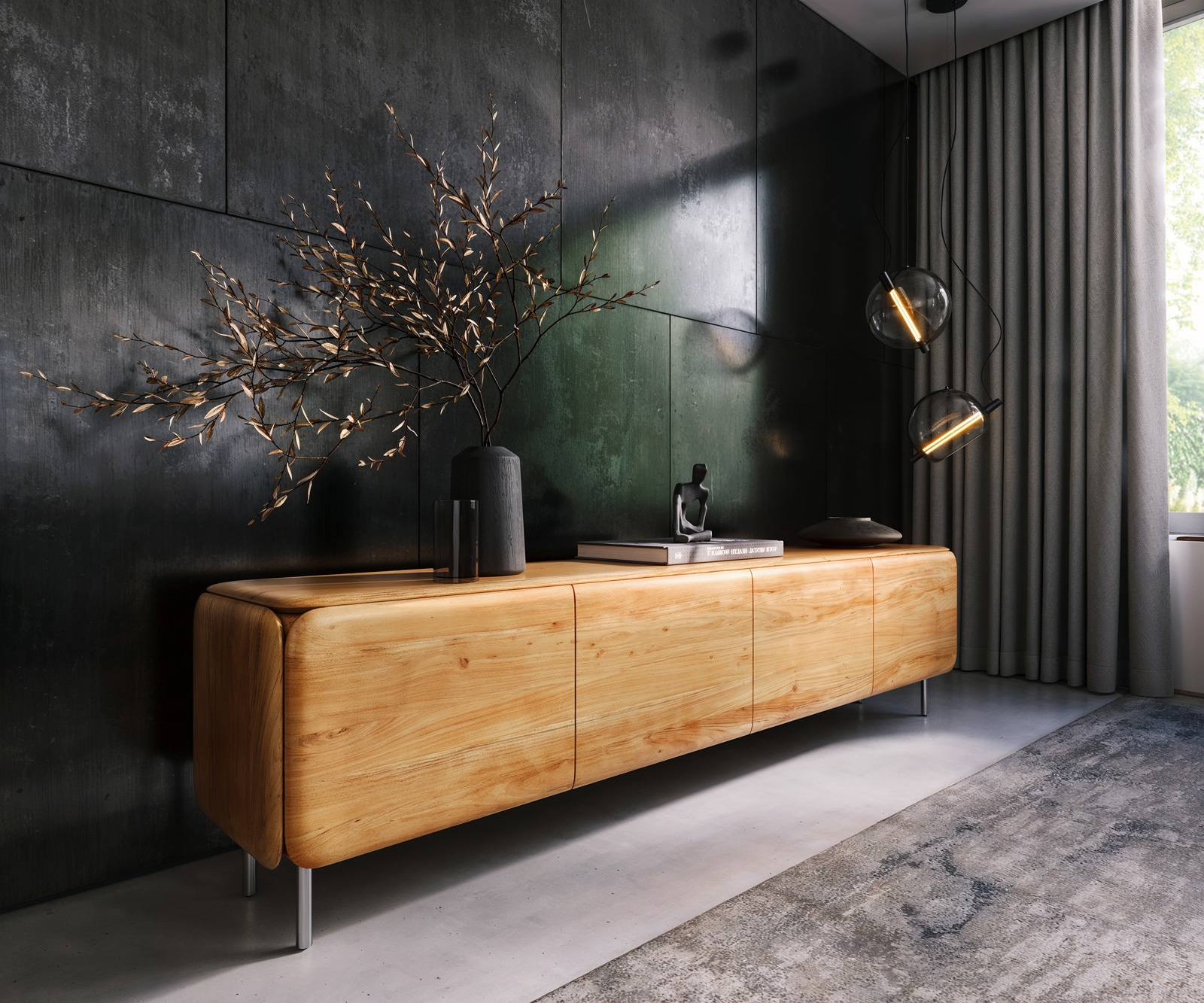 Lowboard Shavani 220 cm Akazie Natur 4 Türen Rundfuß Edelstahl Silber Lowboard Shavani 220 cm Akazie Natur 4 Türen Rundfuß Edelstahl Silber