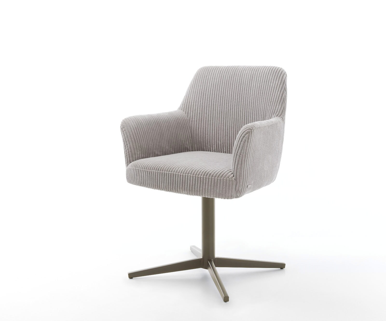Chaise-pivotante Xana-Flex avec accoudoirs côtelé gris argenté pied de chaise 4 branches aspect titane ressorts ensachés pivote sur 360°
