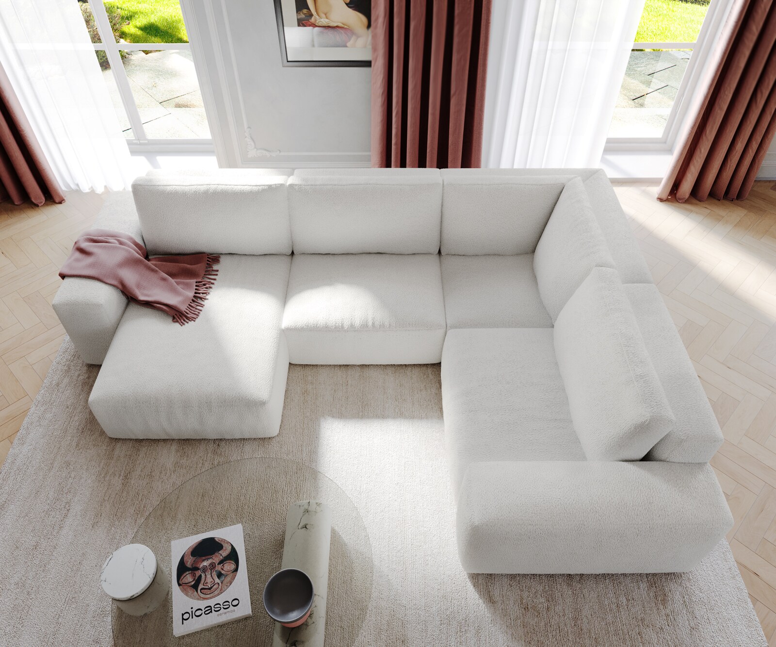 Wohnlandschaft Lanzo 300x210 cm Bouclé Creme-Weiß Recamiere variabel 3