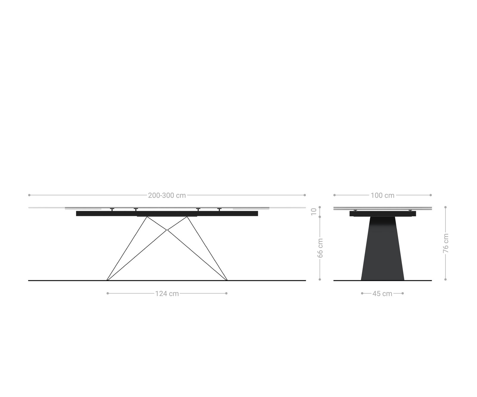 Esstisch Edge 200-300x100 Reliefglas Rauchschwarz 3D-Design V-Gestell Flachstahl Schwarz ausziehbar 9